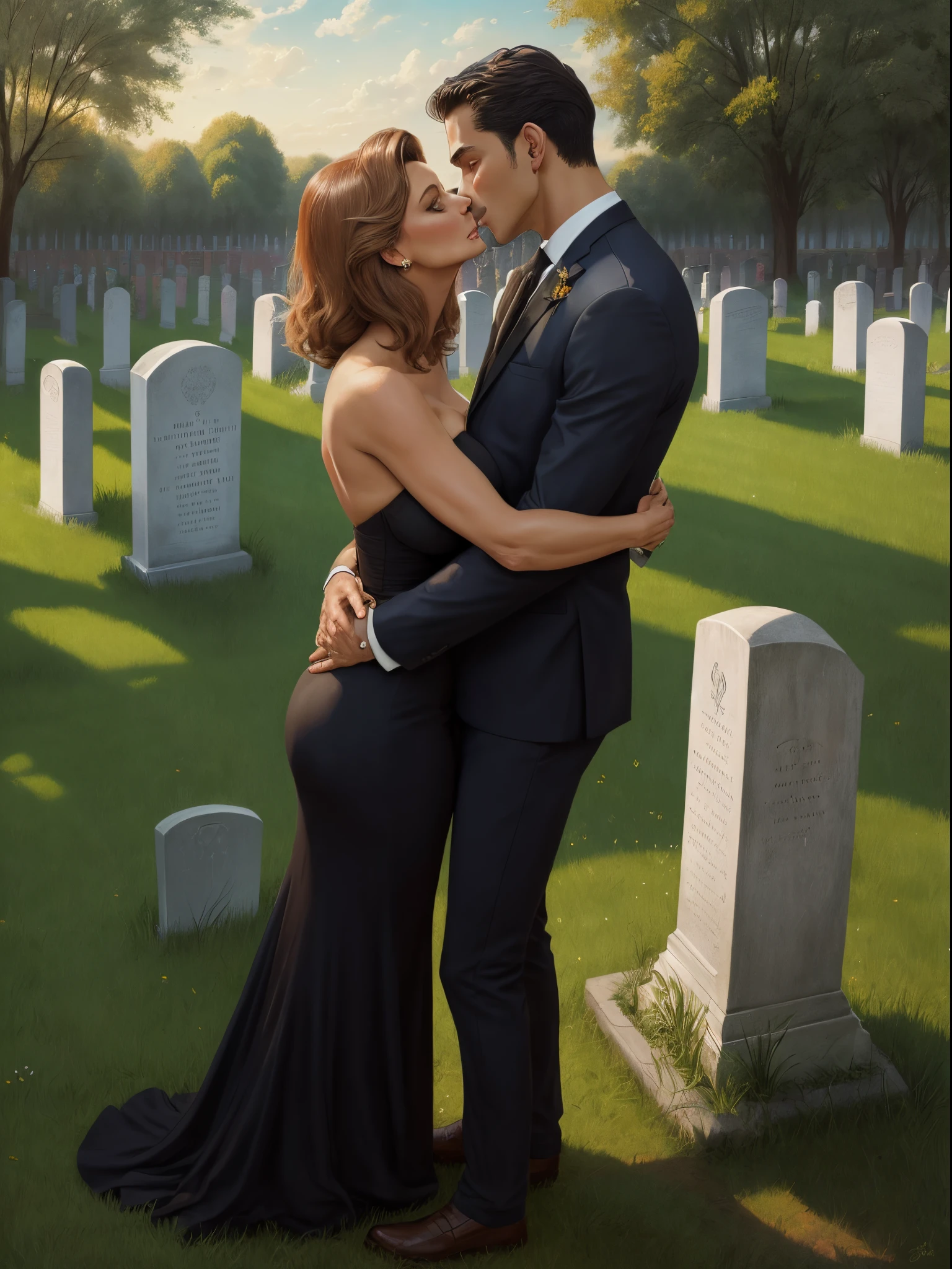 Sophia Loren as A buxom, 60 years old widow wearing a black dress and a young handsome coach man wearing breeches hugging and making out at a grave in a cemetery , painting by Adolphe Menzel