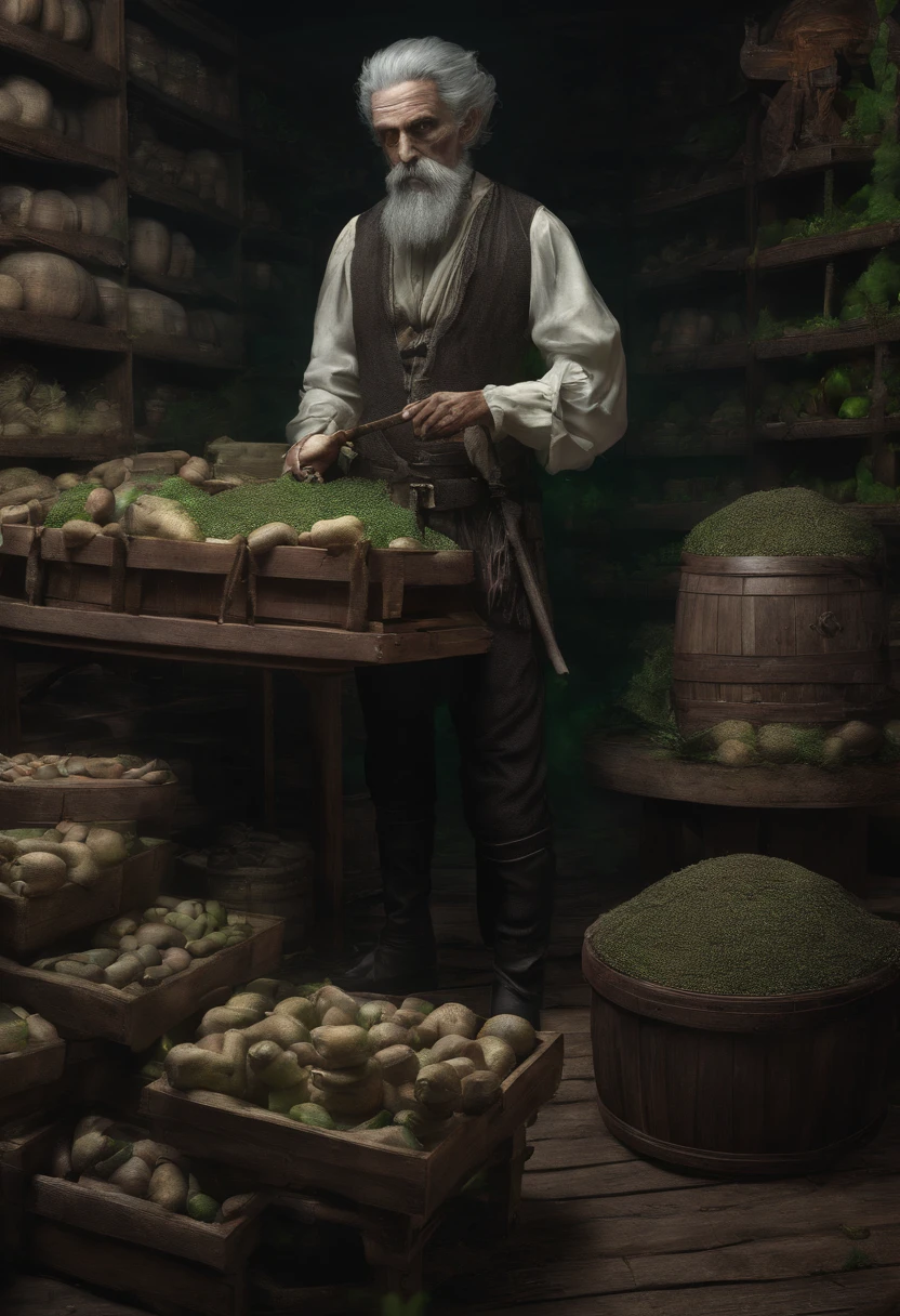 male food merchant, beautiful eyes, green shirt with white sleeves, green pants, gray hair, gray mustache, next to a wooden cart, next to wooden barrels and boxes, far behind is a magical forest, fantasy, Middle Ages, artstation, hdr, intricate details, cinematic, best quality, 4k, 8k, highres, masterpiece