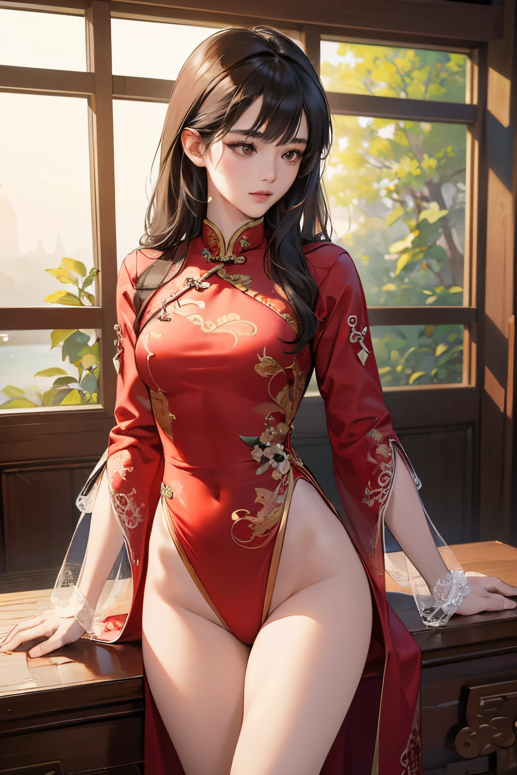 Best quality, (RAW photo: 1.2), (Masterpiece: 1.4), (Realistic: 1.4), (High resolution: 1.4), Chinese actress Gulinazha, depth of field, intricate details, 8k, very detailed, perfect lighting, epic background, big bust 1.3, cheongsam, large open 1.3 ((chest exposed)), perfect legs, red thong , beautiful butt ,