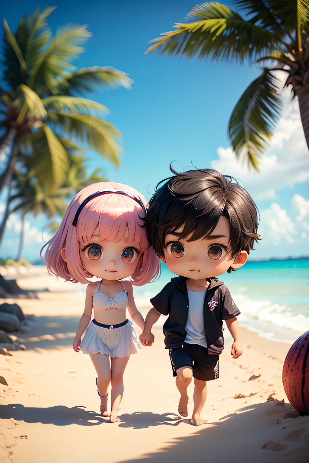a chibi couple holding hands walking in the beach, with coconuts
