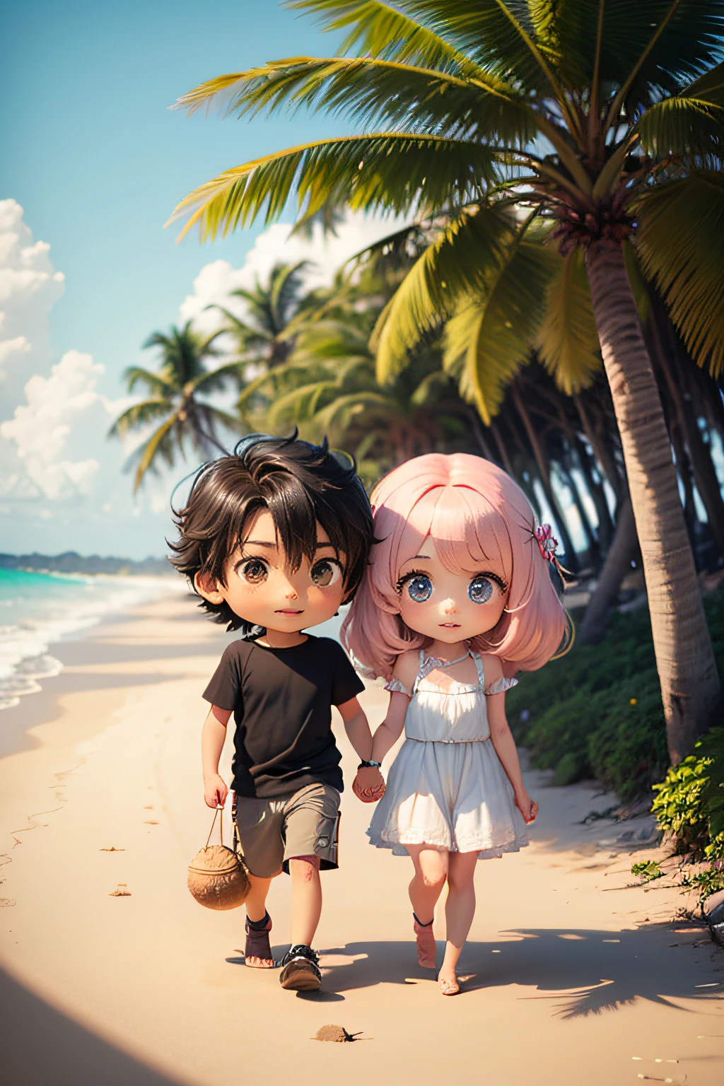 a chibi couple holding hands walking in the beach, with coconuts