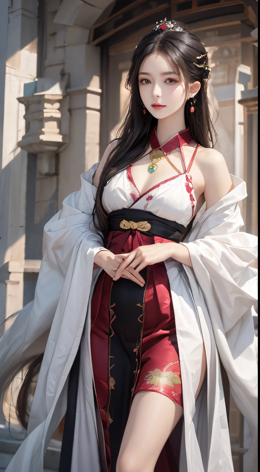 Photorealistic, High resolution, 1 woman, Full body, Beautiful eyes, Long hair, Ringed Eyes, White hair, Jewelry, The tattoo, Hanfu, chinese fairy