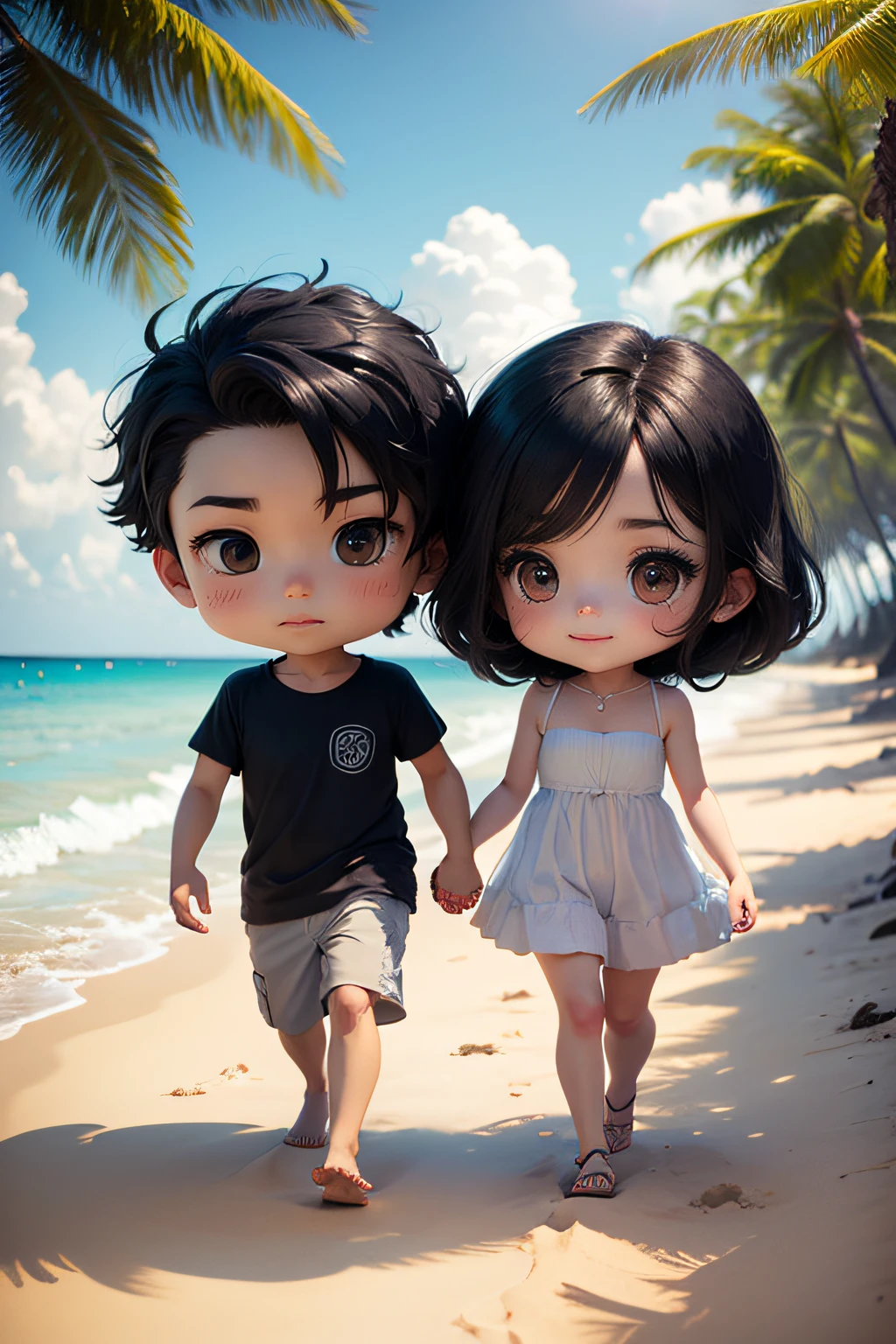 a chibi couple holding hands walking in the beach both black hair, with coconuts