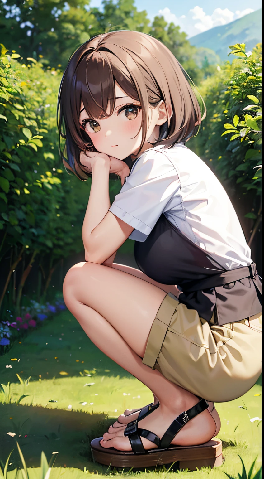 Hi-Res、masterpiece、Mrs. Hiraoka Brown hair、a short bob Soio、Female one、Her room、inside in room、细致背景、A detailed eye、((Brown-eyed)),Beautiful and perfect legs, Clean and perfect hands crouching down sandal hotpants