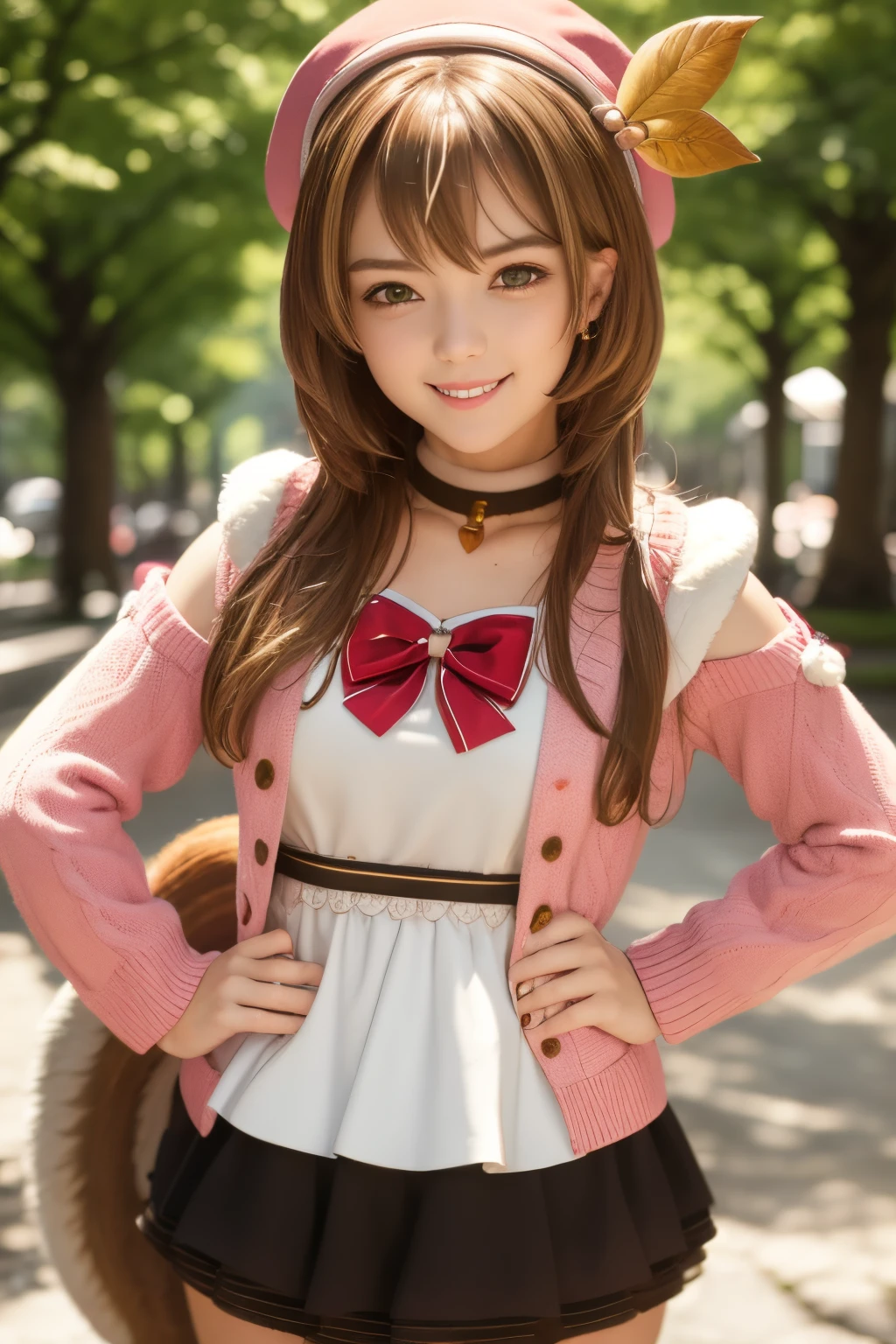 smirk, ayunda risu, squirrel girl, squirrel ears, squirrel tail, beret, leaf hair ornament, pink cardigan, white dress, red bow, choker, acorn