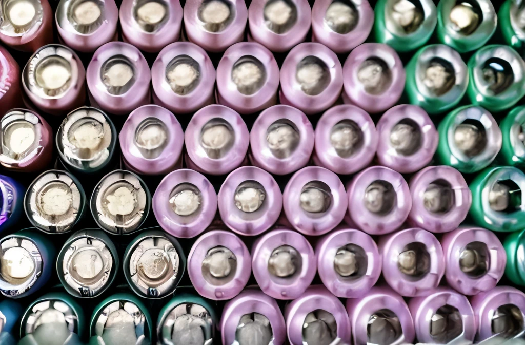a closeup of a pile of batteries with different colors, Battery & Cables, battery, Batteries not included, Tubos, Antecedentes interesantes, tubos morados, Enfoque de fondo, many cryo pods, 50MP, Encendiendo. hiperdetallado, electronic components, Massive Battery, circular, Membranas, Viales, una foto ultrafina y detallada, Foto hiper detallada