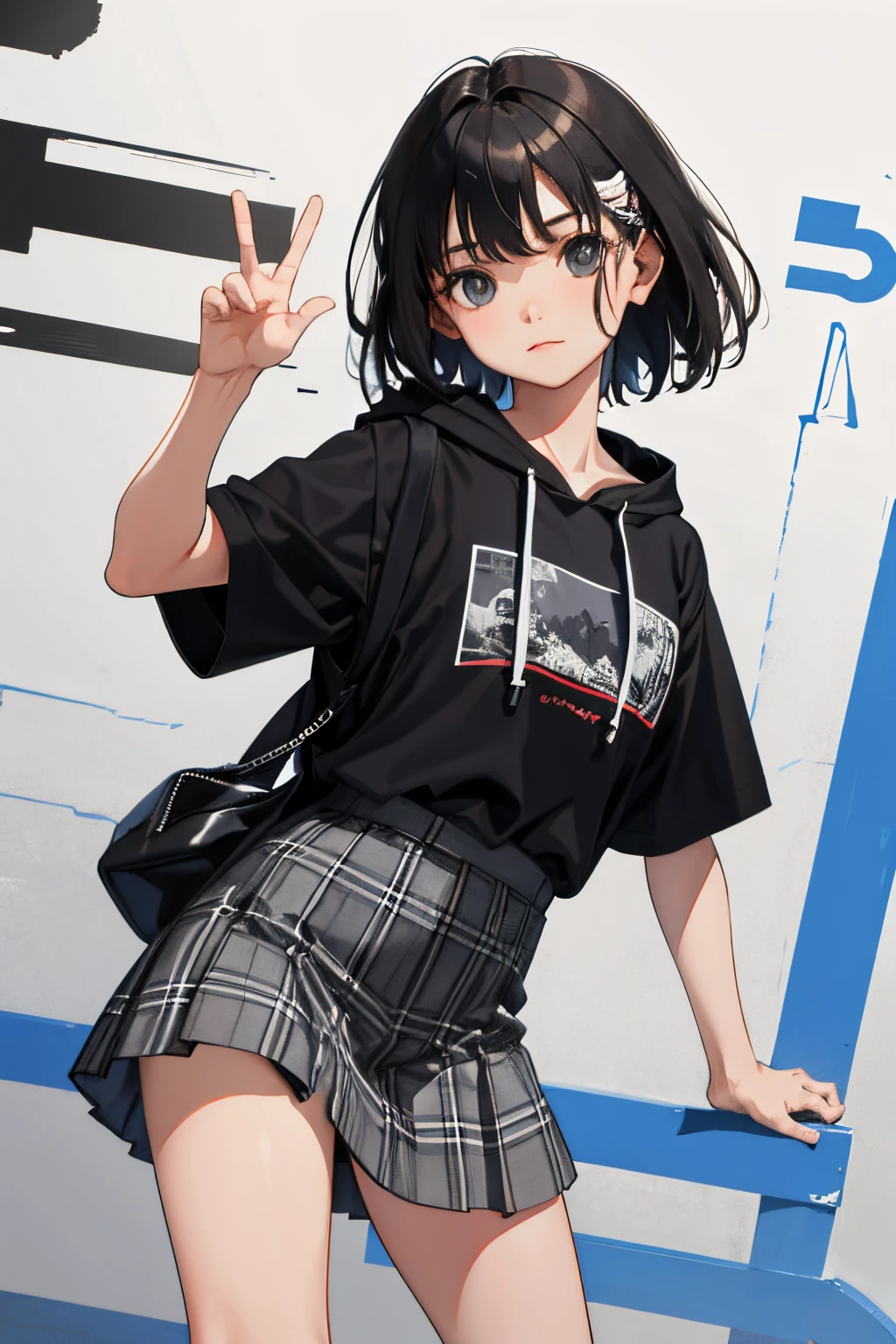 children,(masterpiece,Highest Quality),Short sleeve hoodie,Grey plaid skirt,A dark-haired