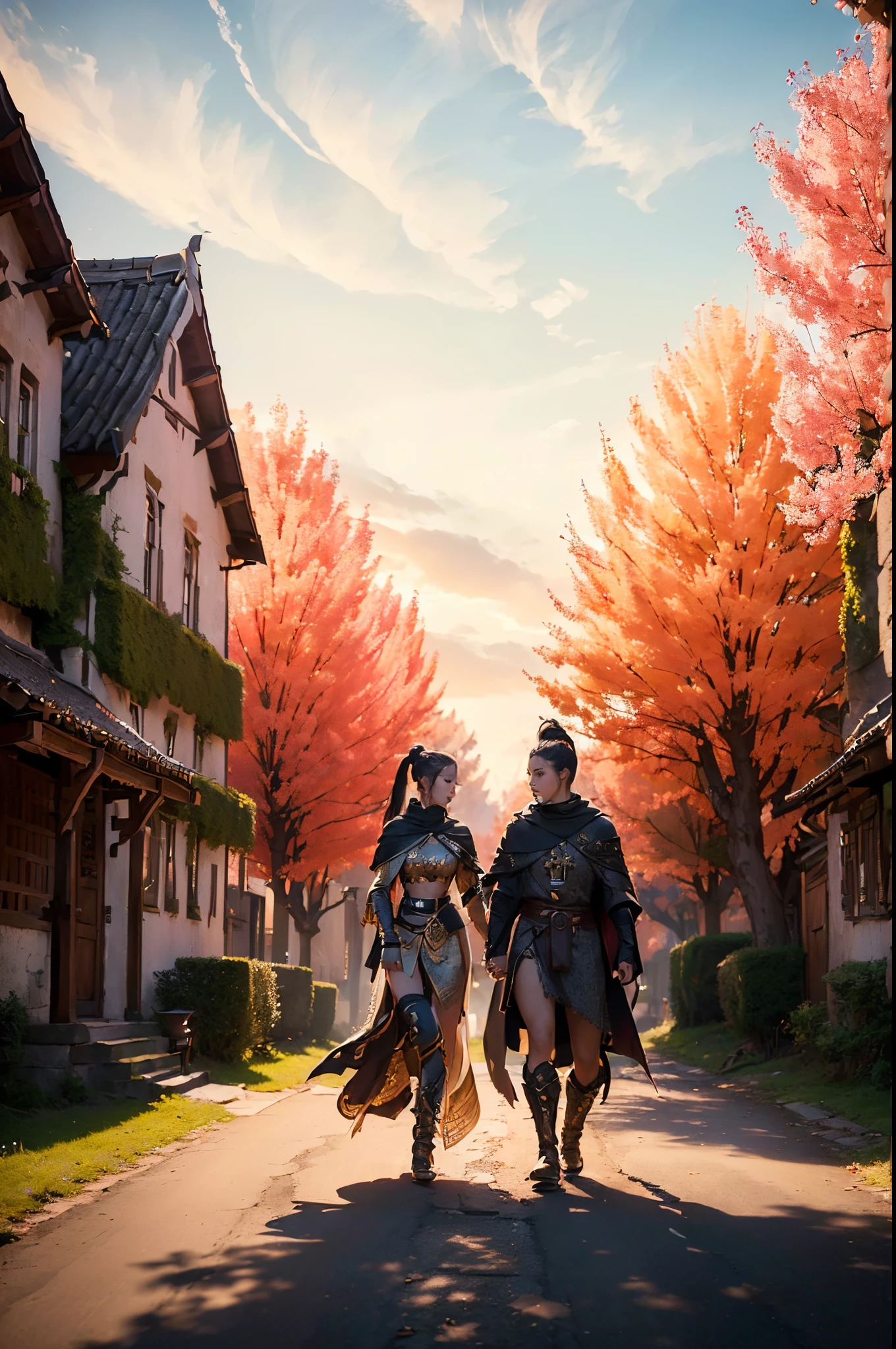 ((generate a female warrior with ponytail hair, walking down village road with male priest, villagers background, tree behind, wearing sexy armor, (luxury cloak), hold an axe, beautifull sky, beautifull scene, detail village houses, detail road, beautifull face, pretty face, beautifull eyes, beautifull nose, raytracing, beautifull fingers, beautifull hands, (4 fingers in 1 hand),closed up photoshoot, pretty makeup, perfect anatomy, good lighting, professional photoshoot, sharp eye, fresh lips)