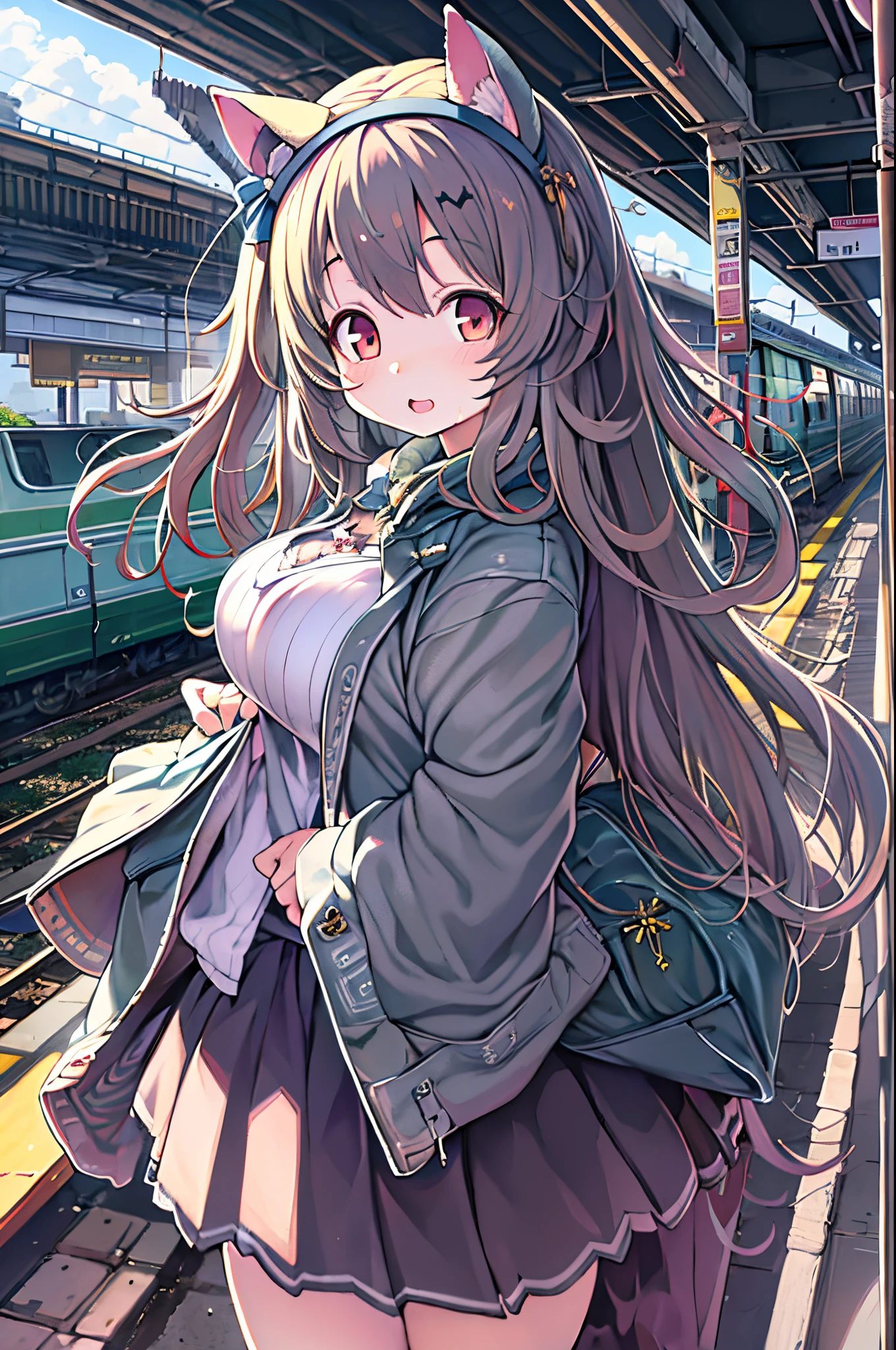 Anime Girl, Purple cat ears, Long hair, Beautiful clothes, 4K clarity, CG Station Pop, Station、railway、train, Seductive Girl, Attractive, Anime style, 8K, beautiful anime woman, Girl Front.