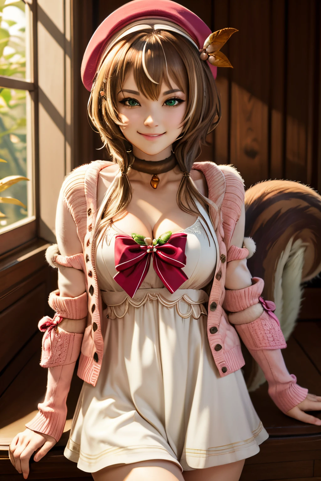 smirk, ayunda risu, squirrel girl, squirrel ears, squirrel tail, beret, leaf hair ornament, pink cardigan, white dress, red bow, choker, acorn, cleavage