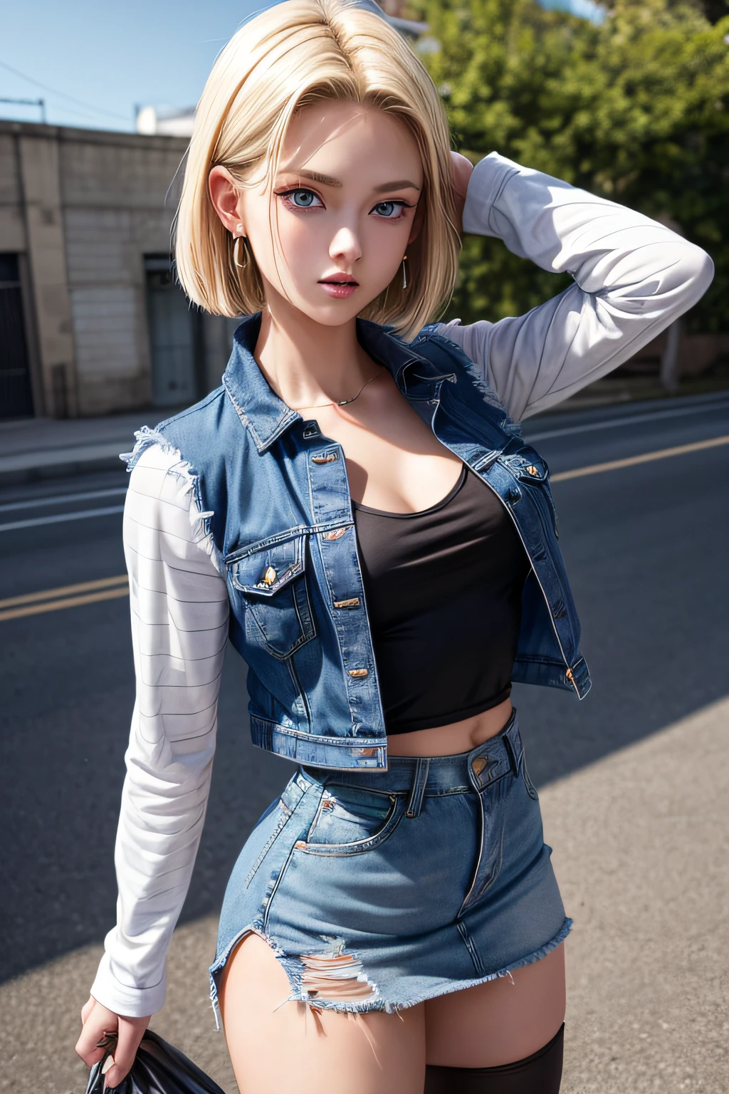 Best Quality, hight resolution, and18, 1girl in, Android 18, Solo, Blonde hair, Blue eyes, Short hair, earrings, Jewelry, Denim Vest, open vest, Black pantyhose, Black shirt, jean skirt, Striped long sleeves, Blue skirt, medium breasts, Cowboy Shot, Street, (Externally expanded Chest: 1.2)