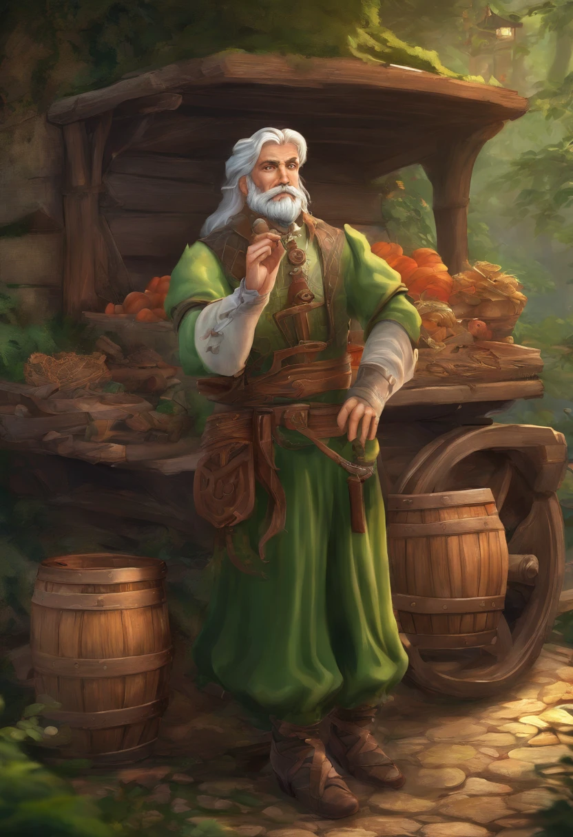 ember, food vendor, Beautiful eyes, green shirt with white sleeves, green pants, gray hair, Gray mustache, next to a wooden cart, next to wooden barrels and boxes, far behind is a magical forest, Fantasy, Middle Ages, Artstation, HDR, intricate details, Cinematic, Best Quality, 4k, 8K, hight resolution, Masterpiece
