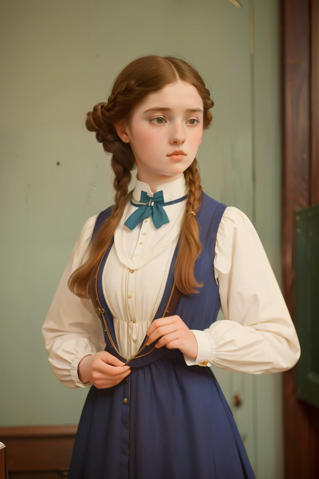 1888, England. Pre-raphaelite ((((-yeld)) icity Worthington)), boarding school, ((((casual Clothing from the 1880s)))), ((Hairstyle of the 1880s)), ((Wes Anderson cinematic style)), colorful