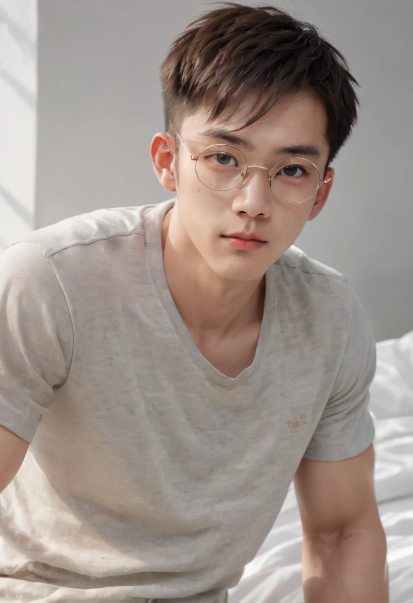 A 25-year-old Chinese male,真实感,Film photography,Portrait Photogram,whitestocking,Physical Education Student,Handsome,Chinese boy,inside bedroom,Sit on the sheets,((Back to the head of the bed)),Beige short T-shirt,Gray short sweatpants,Gold-rimmed glasses,Fashionab,youthfulenergy,muscle men,health charm,Sunny scent,Portrait photography,vogue photography,perfect detail,Gorgeous light and shadow,Shooting from an elevation perspective,2k