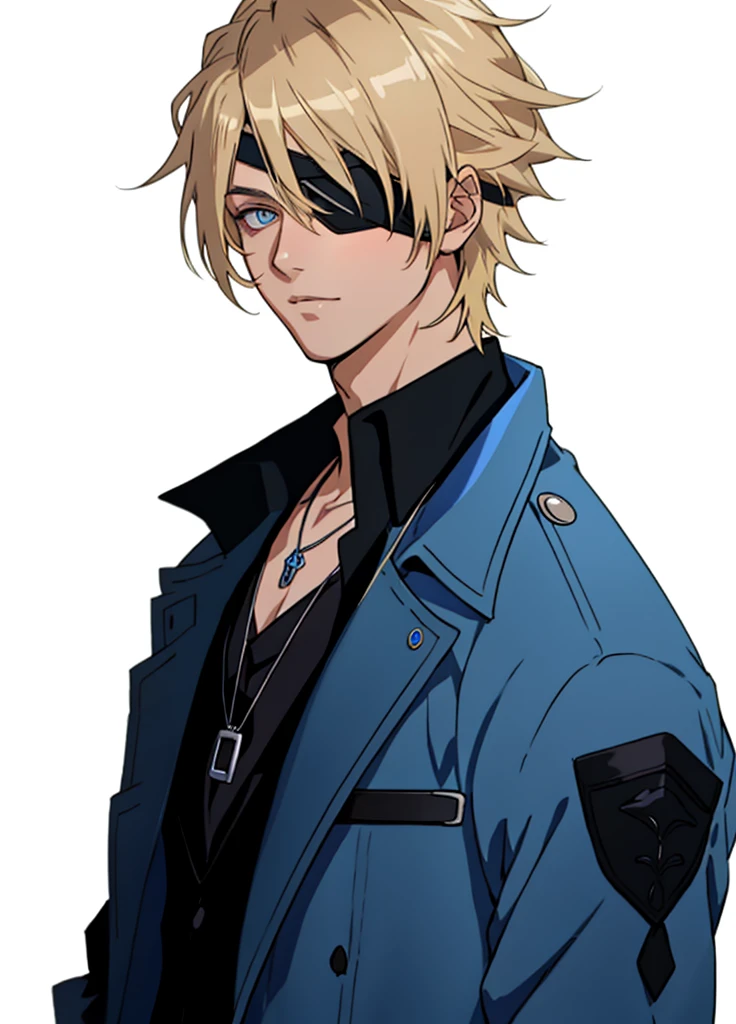 delicate picture，transparent background，combed blonde hair，The left eye is covered by an eye patch，Blue pupil，Blue trench coat，Black lining, anime handsome man，Wearing a silver necklace