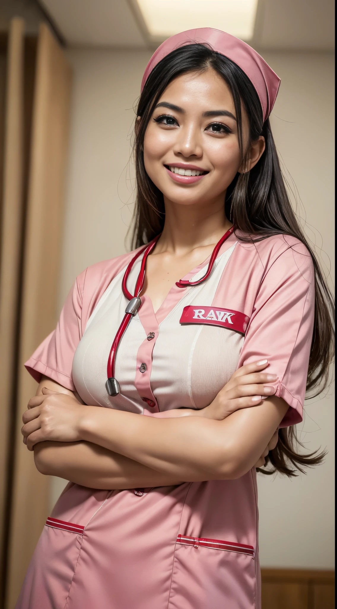 (8k, RAW photo, best quality, masterpiece:1.5), detailed RAW color photograph, (realistic, photo realistic:1.37), 1 woman malay in hijap, nurse uniform, large breasts, smiling, cinematic light, (finely detailed face:1.2), (looking at viewer:1.2),