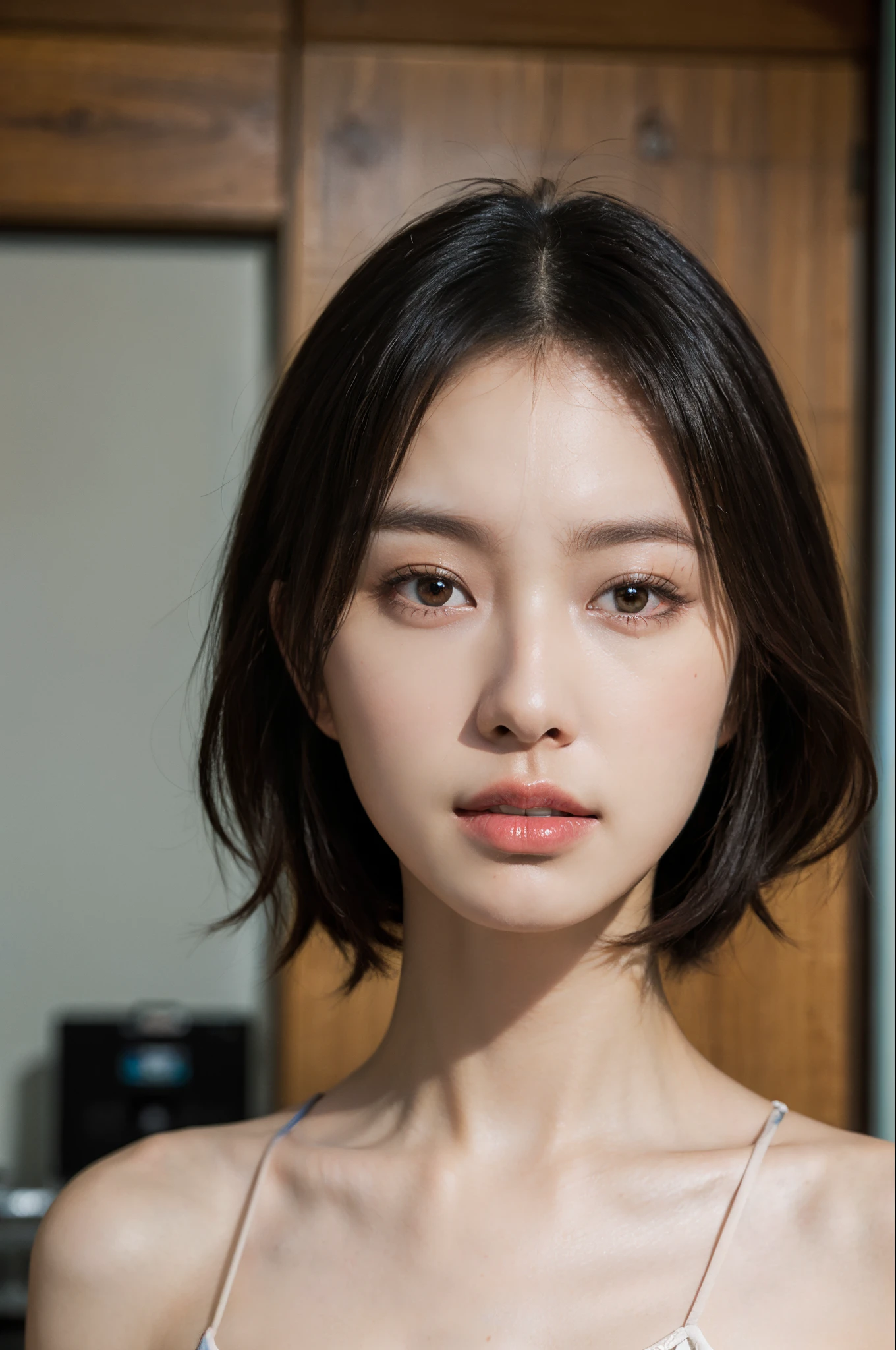 zydG, 1girl, ultra detailed skin, look, brown eyes, (shoulder-length short hair: 1.2), (photorealistic: 1.4), (highest quality: 2.0), (ultra high resolution: 1.0), 8K, RAW photography, (masterpiece: 1.5), (pureerosface_v1:1.5),lingerie, satin fabric, shiny, slippery, exposure, cleavage, big eyes, big breasts, ( Shining lips: 1.0), shiny lips, plump lips, dynamic lighting, bedroom, shiny skin, glowing skin, shining skin, shiny skin, wet skin, (Yui Arakaki's face: 1.2)