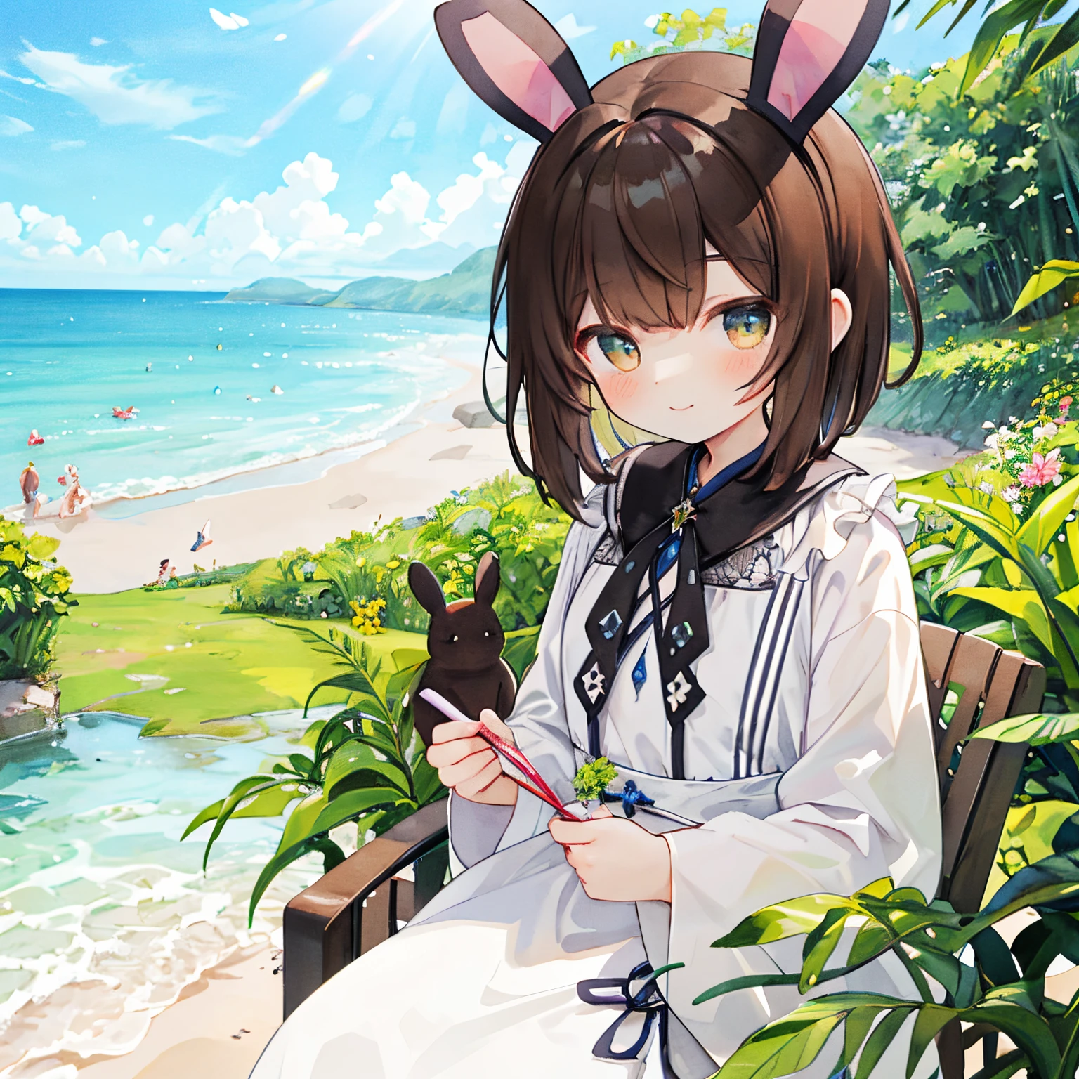 Transparent watercolor,girl with,Jewel Eyes,Beautiful arrangements and motifs、A slight smil、Originality、GAMECHARACTER DESIGN、ornamented、ren、 Detailed picture , depth of fields , Fantastic, Beauty、Transparency、Lustrous hair、GAMECHARACTER DESIGN、(one girls:1.0)、brown rabbit motif、Long rabbit ears、brown haired、short-hair、Cute Dresses、hali々、夏天、summer sunlight、the beach