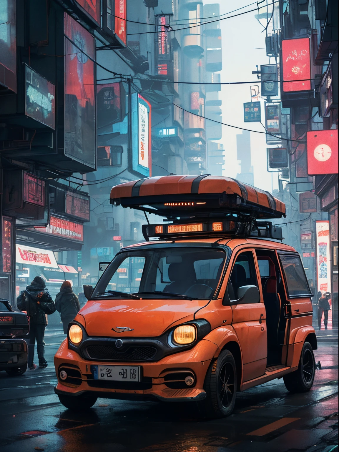 (at late night:1.3), , (detailed beautiful skin textures, detailed beautiful face, ultra detailed clothing textures), , (Cyberpunk:1.4), , (an ultra detailedfour-wheeled and long bonnet tuk-tuk with load on roof carrier and eear loading platform with luggage on it and letter-tyres), , (3/4 front view, The car is in the center of the frame), , (at parking area, at ultra detailed Night City of Cyberpunk), (All cars are classic cars with cyberpunk custumed), , (softlighting), , (masterpiece, best quality:1.4, 8k, ultra detailed, illustration, distinct_image, intricate_details, delicate illustration), (realistic:0.15),