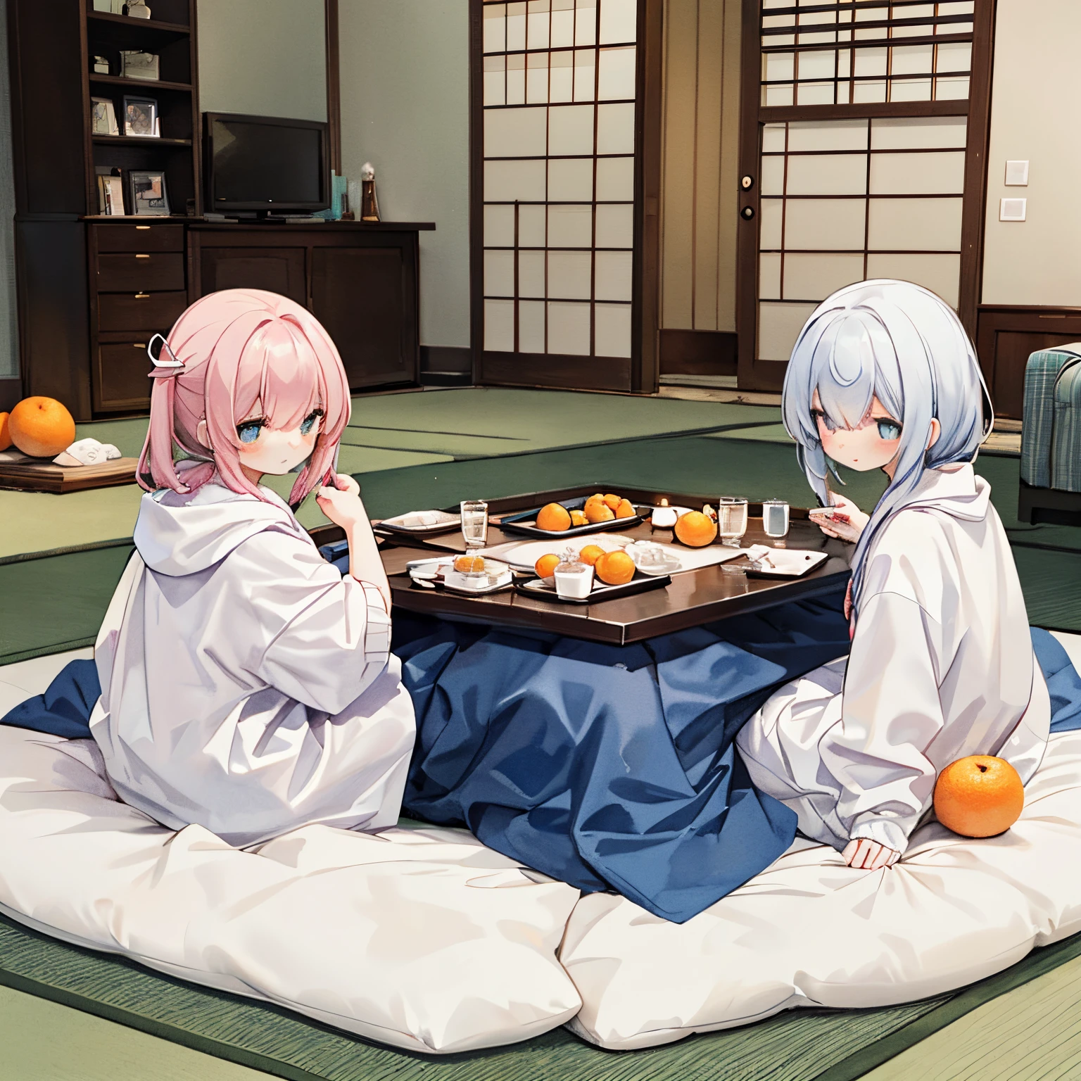 The upper part of the body、1人、Pink hair、Bun hair、mansion、Purple Eye、Gorgeous kimono、alcohol、Have a drink、Medium Breath、Japan anime-style odd eye spell, Drunken face