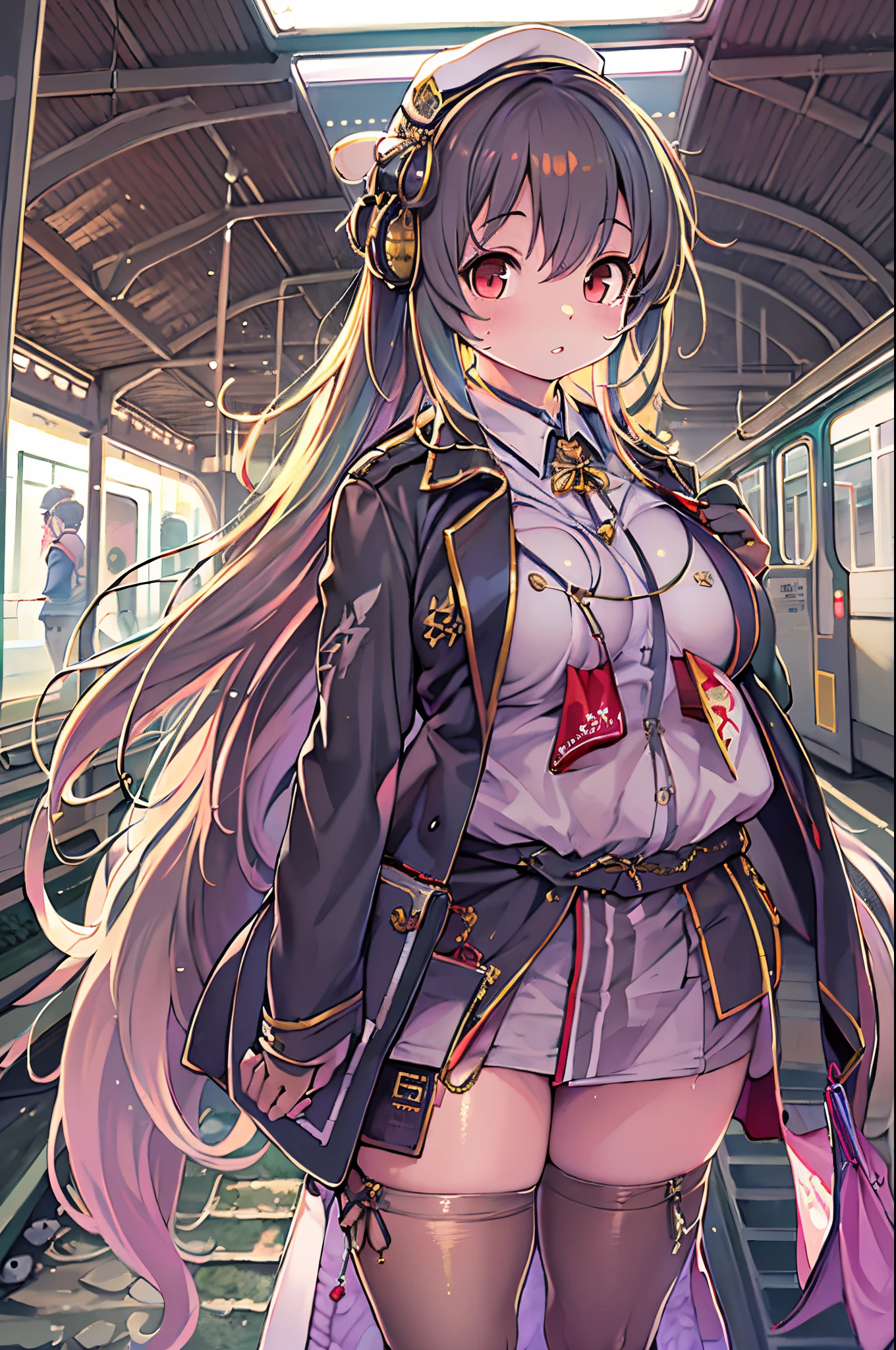 Anime Girl, Long hair, Beautiful clothes, 4K clarity, CG Station Pop, Station、railway, Seductive Girl, Attractive, Anime style, 8K, beautiful anime woman, Girl Front.