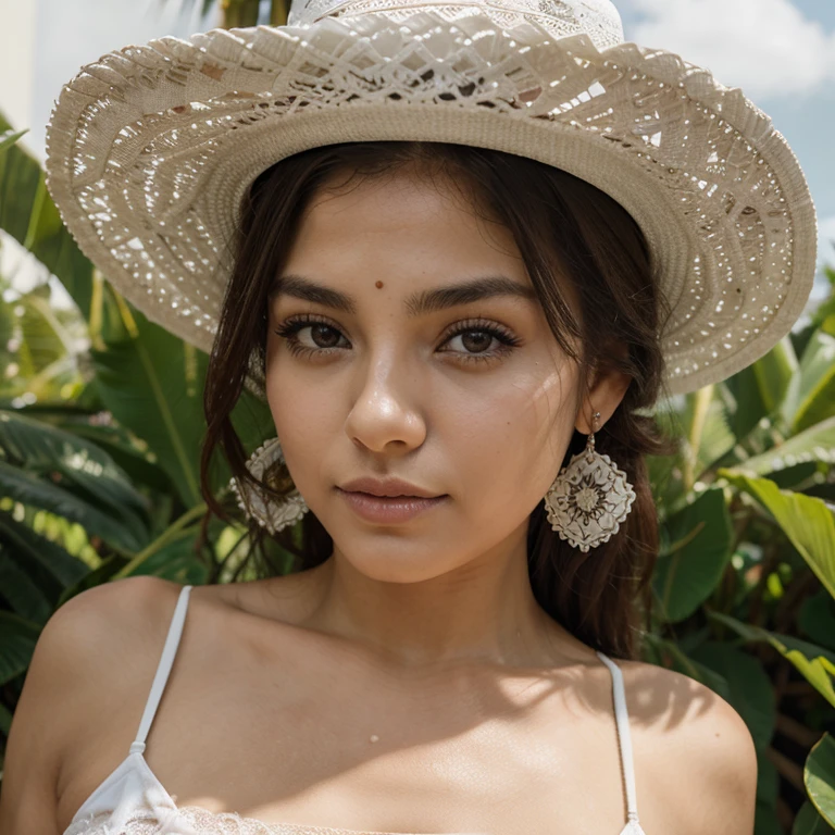 Mujer mexicana, White Lingerie, empapada de sudor, sombrero de paja, Mirada lujuriosa, intenta besar al observador, mientras posa para una foto, Full body photography, maquillada, ultra detallado, cuerpo perfecto, obra maestra, 4k, 8k, 16k, Cara detallada, ojos detallados, ojos alta definicion, manos detalladas, detailed nails,