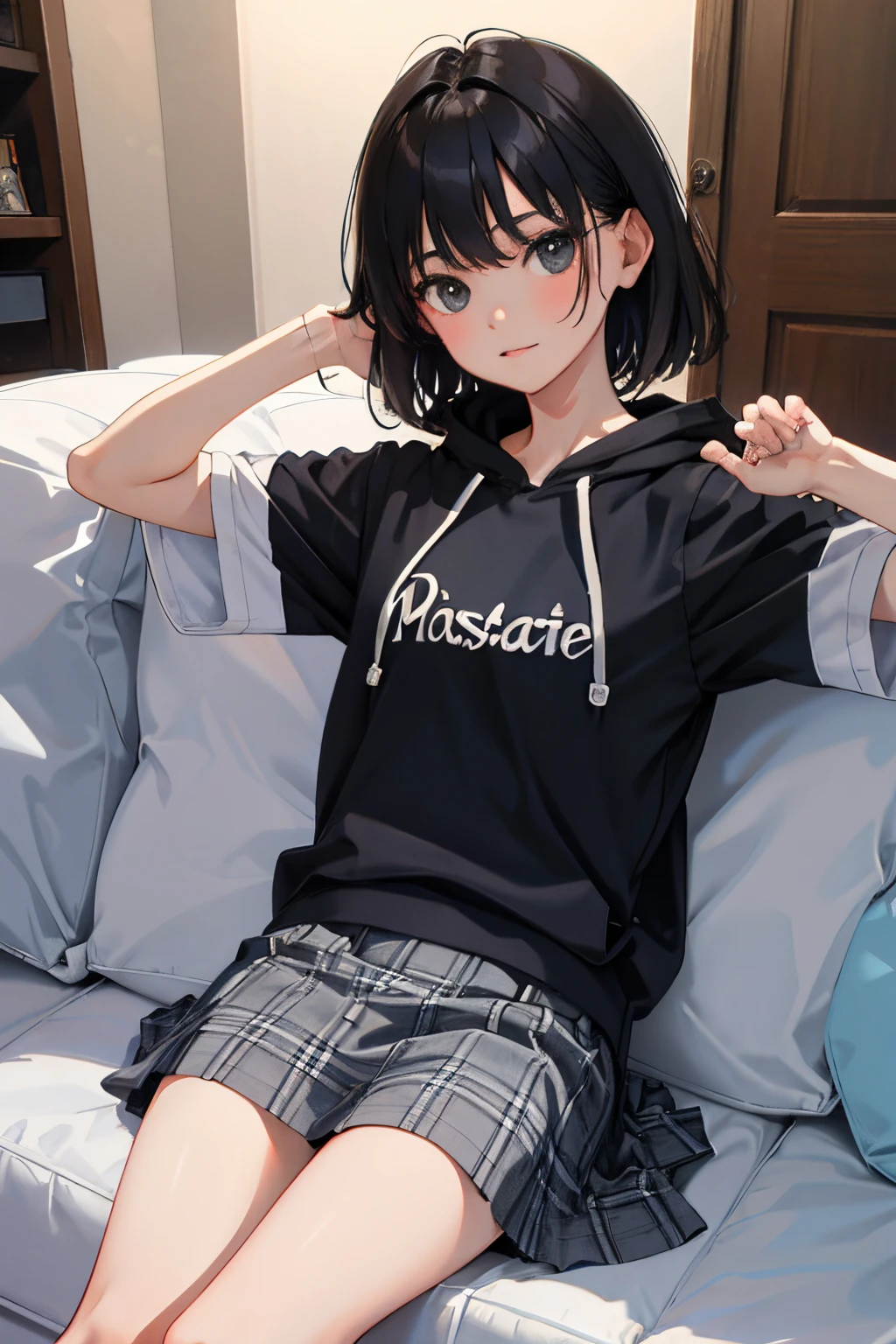 Children，(​masterpiece，Highest Quality)，Short sleeve hoodie，Grey plaid skirt，A dark-haired