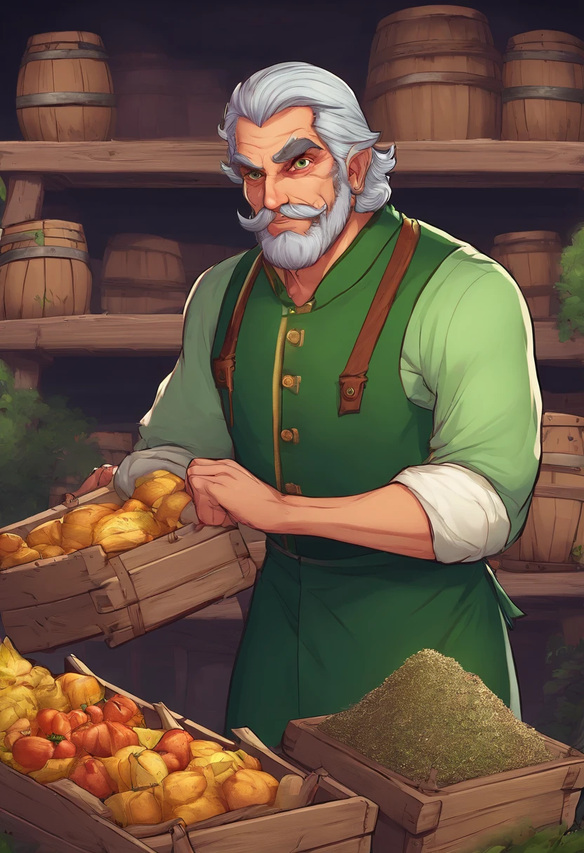 male food merchant, beautiful eyes, green shirt with white sleeves, green pants, gray hair, gray mustache, next to a wooden cart, next to wooden barrels and boxes, far behind is a magical forest, fantasy, Middle Ages, artstation, hdr, intricate details, cinematic, best quality, 4k, 8k, highres, masterpiece