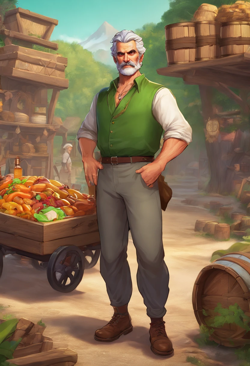 male food merchant, beautiful eyes, green shirt with white sleeves, green pants, gray hair, gray mustache, next to a wooden cart, next to wooden barrels and boxes, far behind is a magical forest, fantasy, Middle Ages, artstation, hdr, intricate details, cinematic, best quality, 4k, 8k, highres, masterpiece