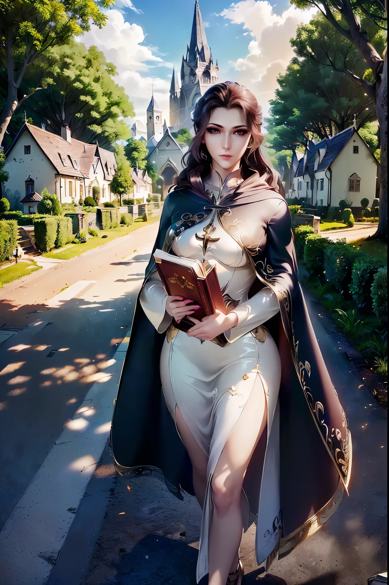 ((generate female priest, walking down village road, villagers background, tree behind, wearing sexy priest cloth, (luxury cloak), hold a book, beautifull sky, beautifull scene, detail village houses, detail church background, detail road, beautifull face, pretty face, beautifull eyes, beautifull nose, raytracing, beautifull fingers, beautifull hands, (4 fingers in 1 hand),closed up photoshoot, pretty makeup, perfect anatomy, good lighting, professional photoshoot, sharp eye, fresh lips)