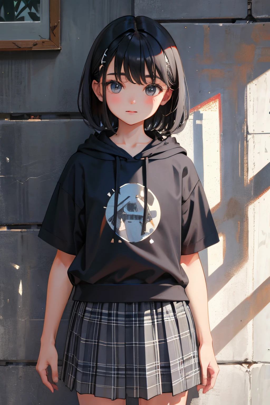 Children,(masterpiece,Highest Quality),Short sleeve hoodie,Grey plaid skirt,A dark-haired