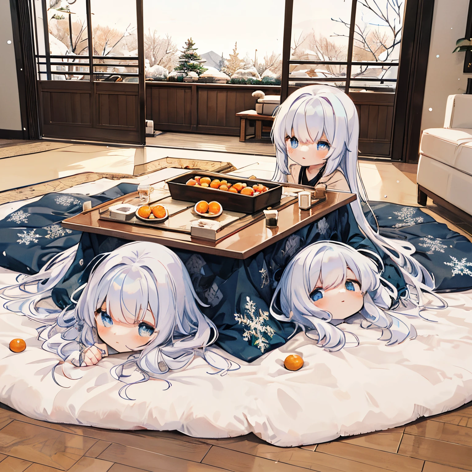 Transparent watercolor,girl with,Jewel Eyes,Beautiful arrangements and motifs、A slight smil、Originality、GAMECHARACTER DESIGN、ornamented、ren、 Detailed picture , depth of fields , Fantastic, Beauty、Transparency、Lustrous hair、GAMECHARACTER DESIGN、(one girls:1.0)、Kotatsu、cold winter、inside in room、Warm up with a kotatsu、Multiple girls、Deformed、Yuru Illustration、Warm indoors、natta、Kotatsu de tangerines、The warm、wood floor、Western-style room、christmas night