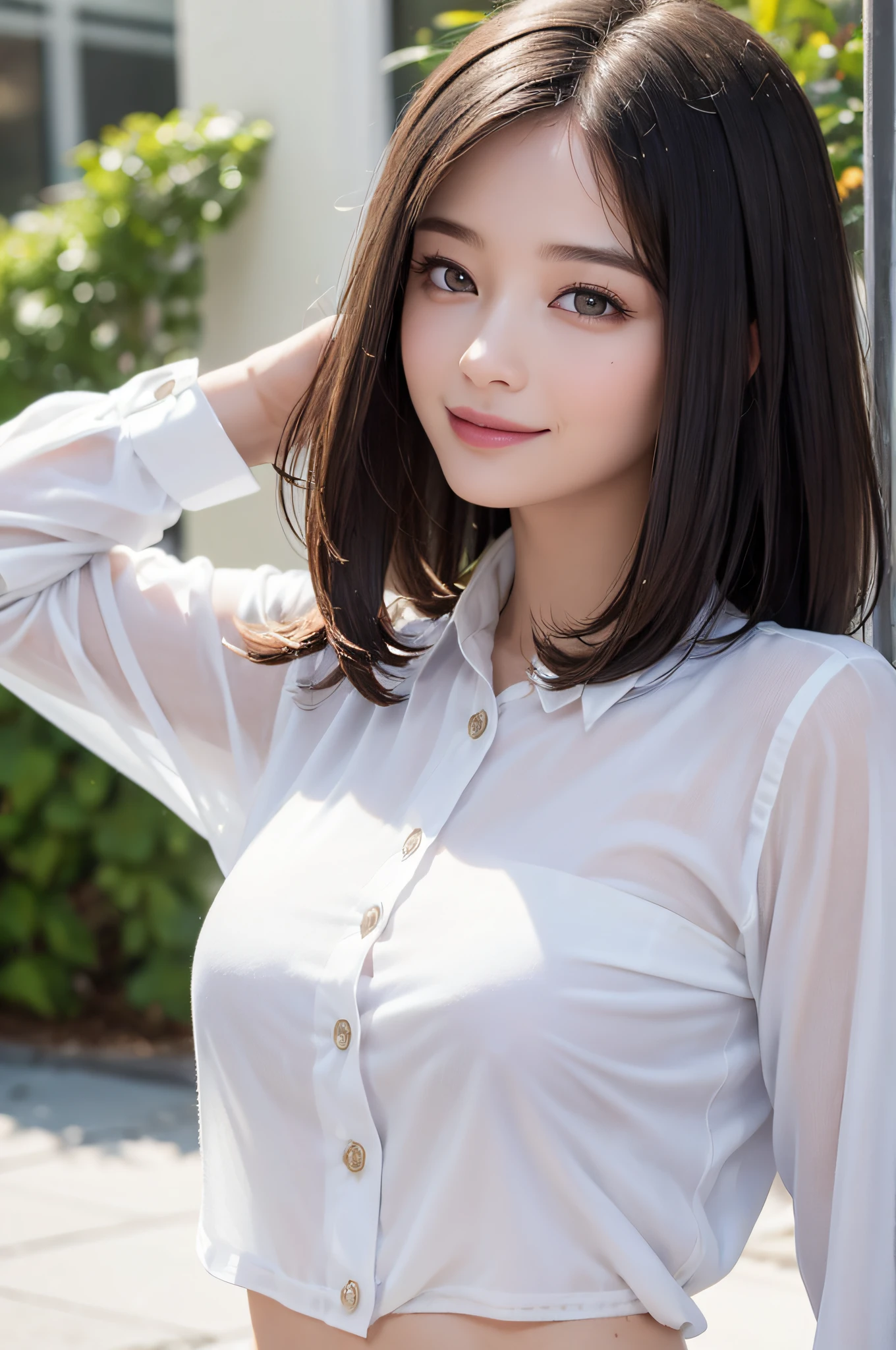 ulzzang -6500-v1.1, (Raw photo:1.2), (Photorealsitic), (See-through:1.3), (Real:1.4), Upper class woman sitting on beautiful park lawn with purse and handbag, Sitting, game_nffsw, Wearing an ultra-thin silk blouse over naked、Wearing ((Sukesuke Silk Blouse:1.3)), jaw-dropping beauty、 thighhighs and skirt, (Wear ultra-realistic pantyhose)、elegant japanese woman, Ultra-thin white shirt and gray skirt, transparent gray skirts, Japanese Models, Wearing a blouse, japanese city street fashion, japanese street fashion, dressed with long fluent clothes, dressed with fluent clothes, very pretty model, Wearing a white blouse, Cute elegant pose、A smile、 Raw photo, (in 8K、top-quality、masterpiece:1.2)、(intricate detailes:1.4)、(Photorealsitic:1.4)、octane renderings、Complex 3D rendering ultra detail, Studio Soft Light, Rim Lights, vibrant detail, super detailing, realistic skin textures, Detail Face, Beautiful detail eyes, Very detailed CG Unity 16k wallpaper, make - up, (detailedbackground:1.2), Realistic skin feeling、shinny skin、Exposed thighs!!!、
