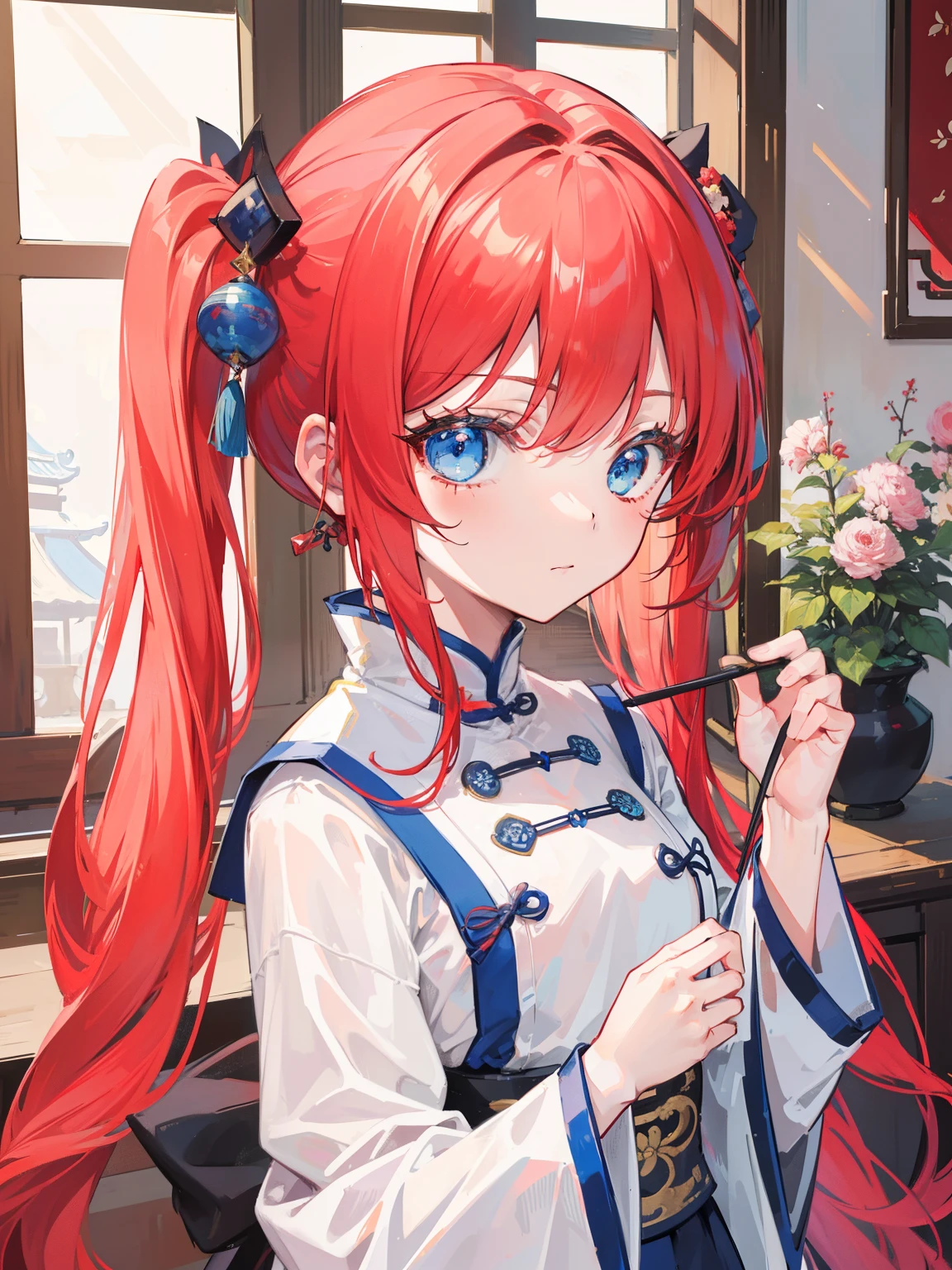 {{best quality}}, {{masterpiece}}, {{ultra-detailed}}, {illustration}, {detailed light}, red hair, blue eyes, twintails,solo,,Chinese style, ancient China,Hanfu