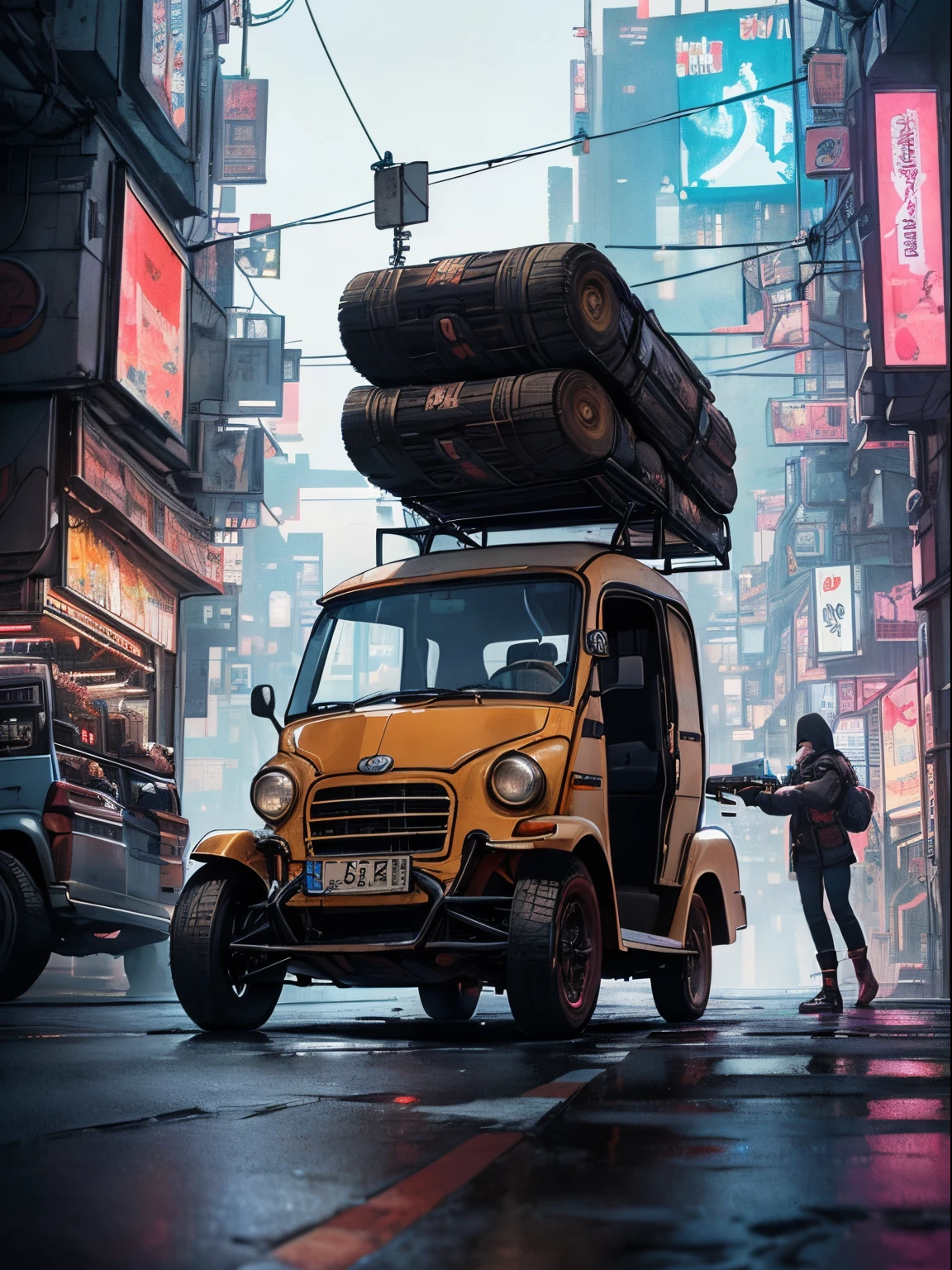 (at late night:1.3), , (detailed beautiful skin textures, detailed beautiful face, ultra detailed clothing textures), , (Cyberpunk:1.4), , (an ultra detailedfour-wheeled and long bonnet tuk-tuk with load on roof carrier and eear loading platform with luggage on it and letter-tyres), , (3/4 front view, The car is in the center of the frame), , (at parking area, at ultra detailed Night City of Cyberpunk), (All cars are classic cars with cyberpunk custumed), , (softlighting), , (masterpiece, best quality:1.4, 8k, ultra detailed, illustration, distinct_image, intricate_details, delicate illustration), (realistic:0.15),