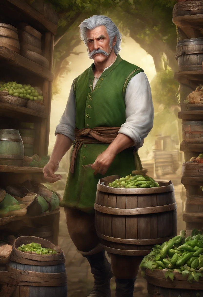 male food merchant, beautiful eyes, green shirt with white sleeves, green pants, gray hair, gray mustache, next to a wooden cart, next to wooden barrels and boxes, far behind is a magical forest, fantasy, Middle Ages, artstation, hdr, intricate details, cinematic, best quality, 4k, 8k, highres, masterpiece