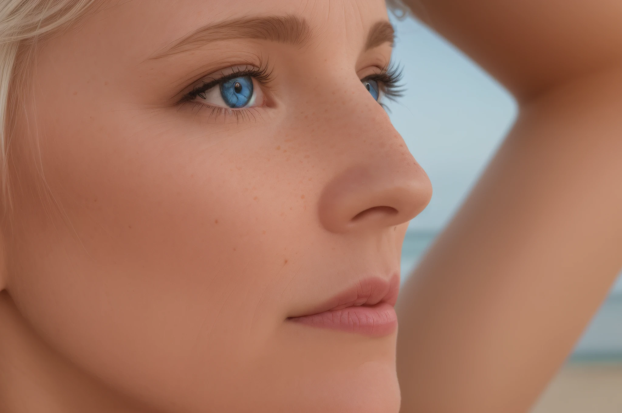 blond woman with blue eyes and a white top on the beach, woman's face looking off camera, soft portrait shot 8 k, portrait of a 40 years old women, close up portrait, woman with freckles, full close-up portrait, detailed face of a woman, close up portrait of woman, close-up portrait film still, close - up portrait shot