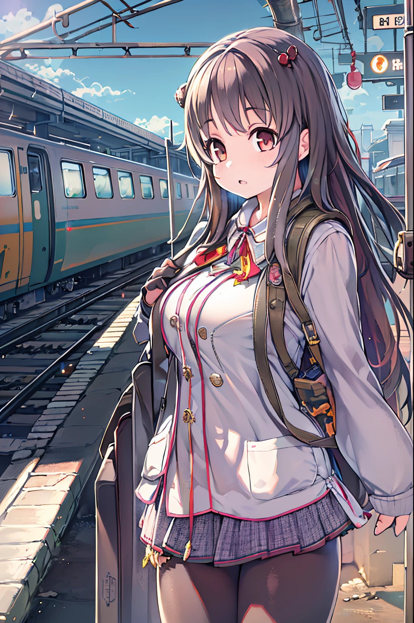Anime Girl, Long hair, Beautiful clothes, 4K clarity, CG Station Pop, Station、railway、train, Seductive Girl, Attractive, Anime style, 8K, beautiful anime woman, Girl Front.