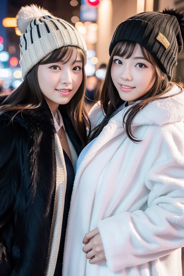 Close-up shot of two beautiful high school girls with huge breasts opening their long fur coats and showing off their huge breasts that are about to fall out of their winter uniforms while shopping in a downtown area on a snowy night. Short hair pinned up and knitted hats.