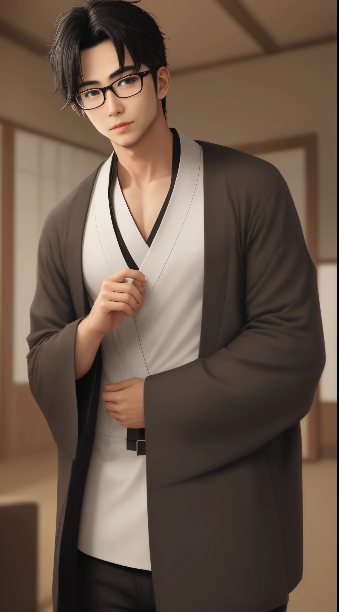 Handsome man with glasses standing picture Japanese black hair