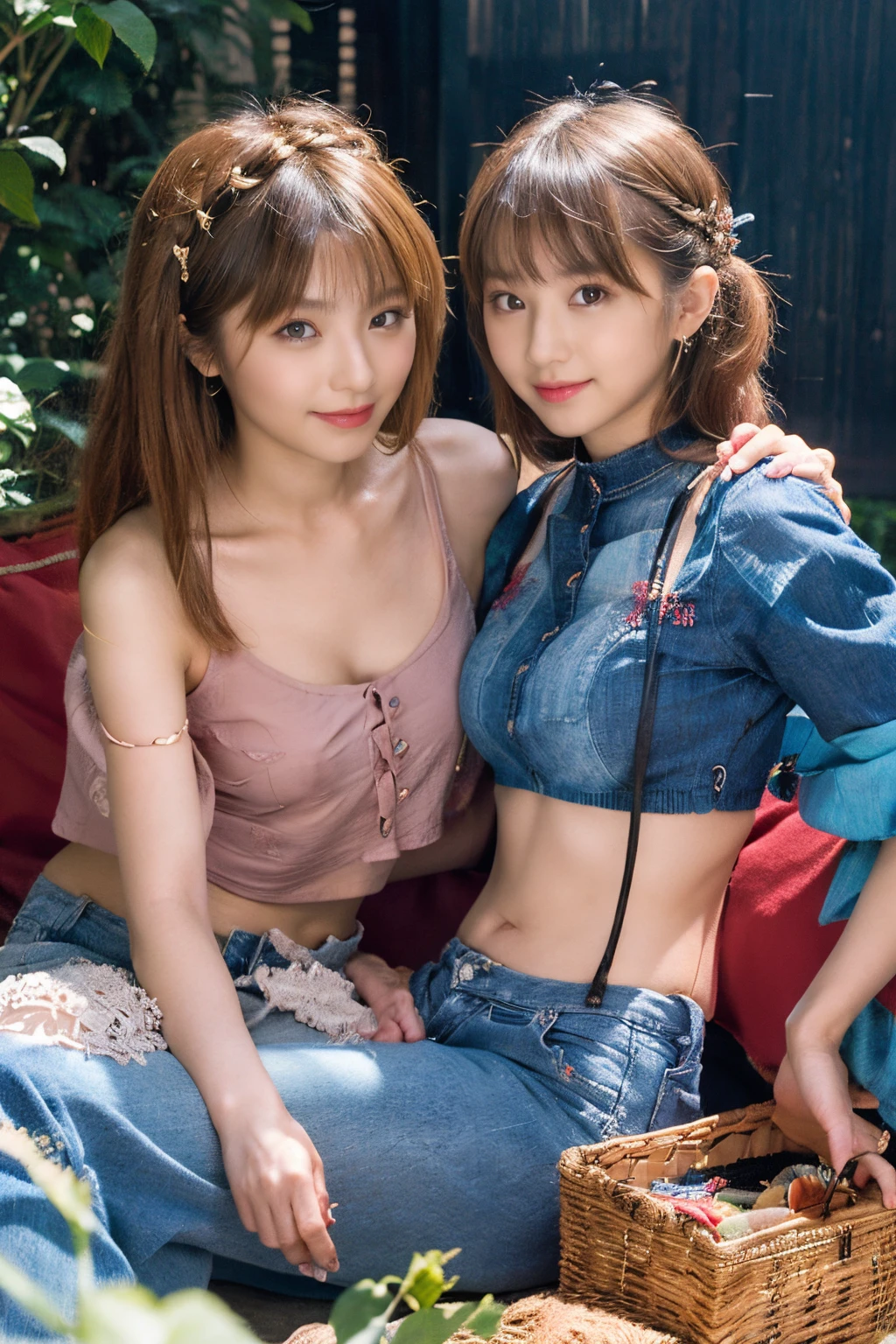 The proportions are the same for all races, All faces and pictures must be different,(ulzzang-6500-v1.3,pureeroface_v1,octane rendering),elegant pose,xxmix girl women, High level of image quality、Like a shot with an SLR、Super detailed illustration of two women, Duo,sisterhood ,sitted,Petting the,closeup portrait,hugs,strabismus:1.4,Depicting the eternal beauty and spirit of two women in 1990. they have a braided hairstyle as used to be in the 80's with lots of thin braids. They wore low-rise jeans and crop tops, 90s clothes. environment in the 1990s, Ms. Schiffer&#39;s work. _电影灯光_v2