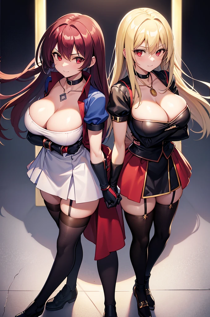 2girls,arms under breasts,black gloves,black thighhighs,blonde hair,blue gloves,blue skirt,breasts,card,choker,cleavage,closed mouth,crossed arms,duel academy uniform (yu-gi-oh! gx),elbow gloves,fingerless gloves,garter straps,gloves,holding,holding card,huge breasts,jewelry,large breasts,long hair,looking at viewer,looking up,medium hair,multicolored thighhighs,multiple girls,necklace,puffy short sleeves,puffy sleeves,red choker,red eyes,red hair,short sleeves,simple background,skindentation,skirt,smile,standing,thighhighs,thighs,locker room,yellow eyes