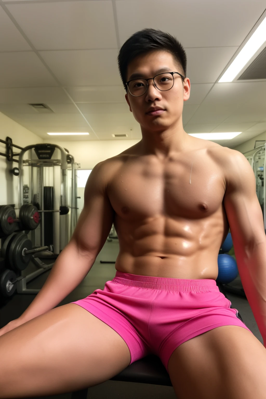 Andrew thomas Huang, oval face, eyeglasses, neat muscular, sitting, shirtless, pink tight shorts, gym, (sweat:1.2)