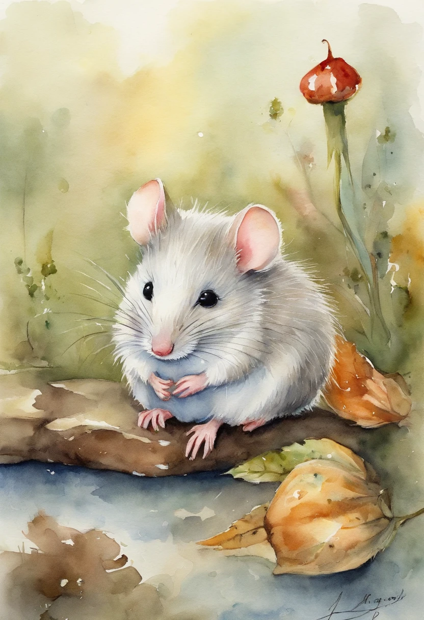 Small mouse,adolable,Shaggy,comic strip,White hair, cheese, Fairytale house, Detailed picture。