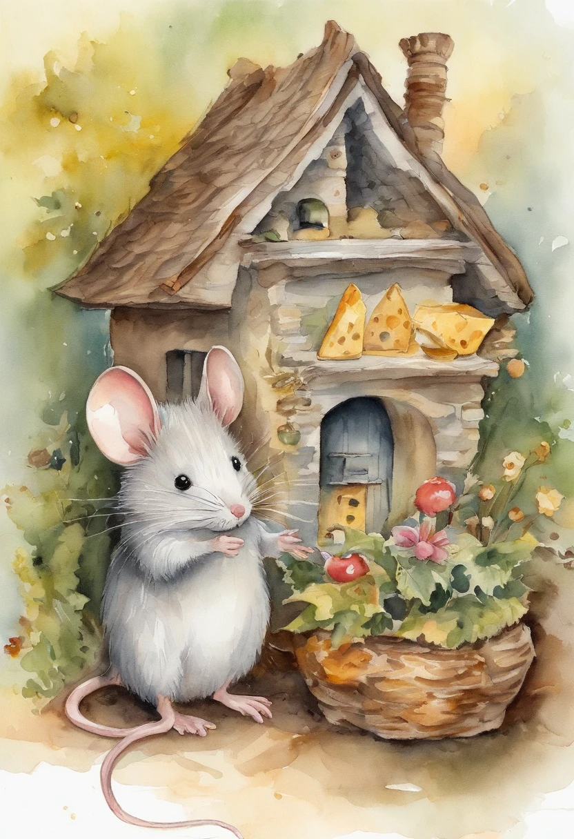 Small mouse，adolable，Shaggy，comic strip，White hair, cheese, Fairytale house, Detailed picture。