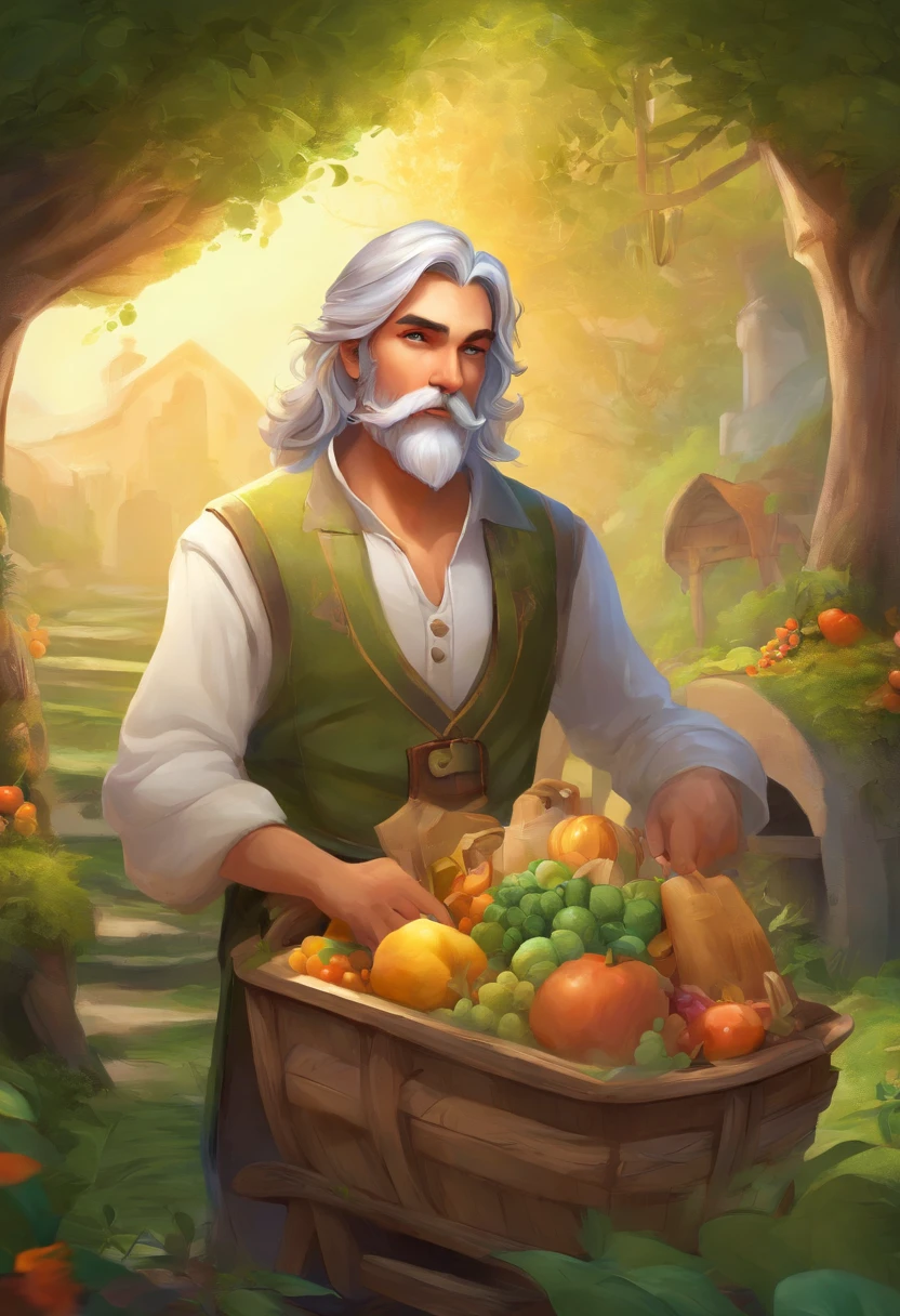 male food merchant, beautiful eyes, green shirt with white sleeves, green pants, gray hair, gray mustache, next to a wooden cart, next to wooden barrels and boxes, far behind is a magical forest, fantasy, Middle Ages, artstation, hdr, intricate details, cinematic, best quality, 4k, 8k, highres, masterpiece