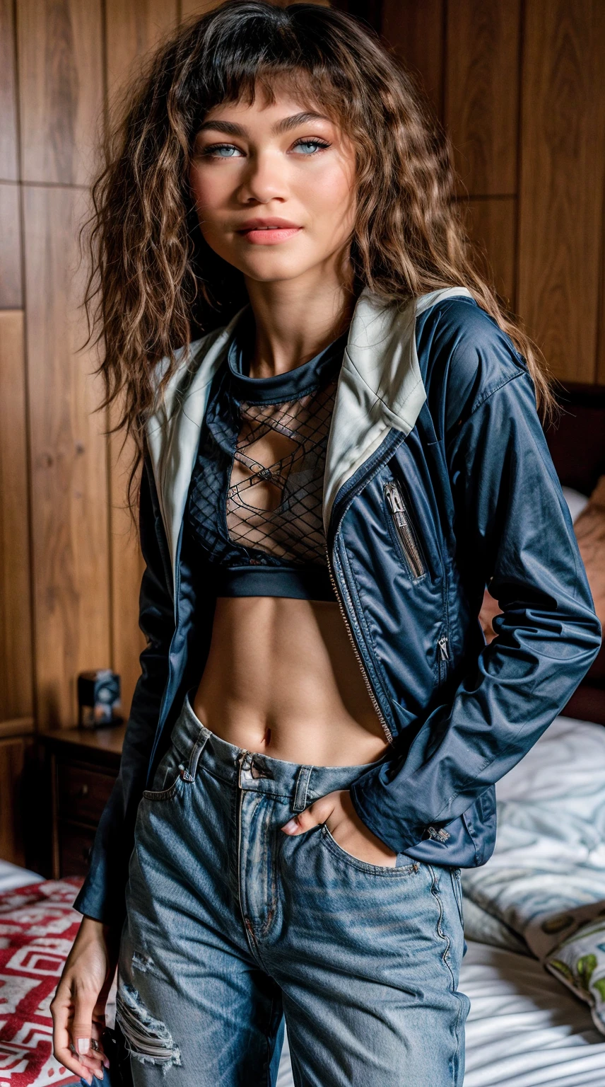 Generate a masterpiece, high-resolution image portraying Zendaya in an incredibly detailed solo cosplay as Hinata Hyuuga from the Naruto series. Focus on capturing Zendaya's stunning face and body with meticulous attention to detail, including her dark blue hair styled in a straight, layered cut that symbolizes cultural significance. Emphasize Zendaya's large and flawless breasts realistically, avoiding explicit content. The cosplay attire, featuring the sleeveless outfit, fishnet top, and unzipped jacket, should be faithfully represented. Ensure the scene depicts Zendaya in a bedroom setting, standing with a subtle blush. Prioritize an output that maintains Zendaya's real and flawless body features, incorporating the provided details such as height, weight, face specifics, and overall body size.