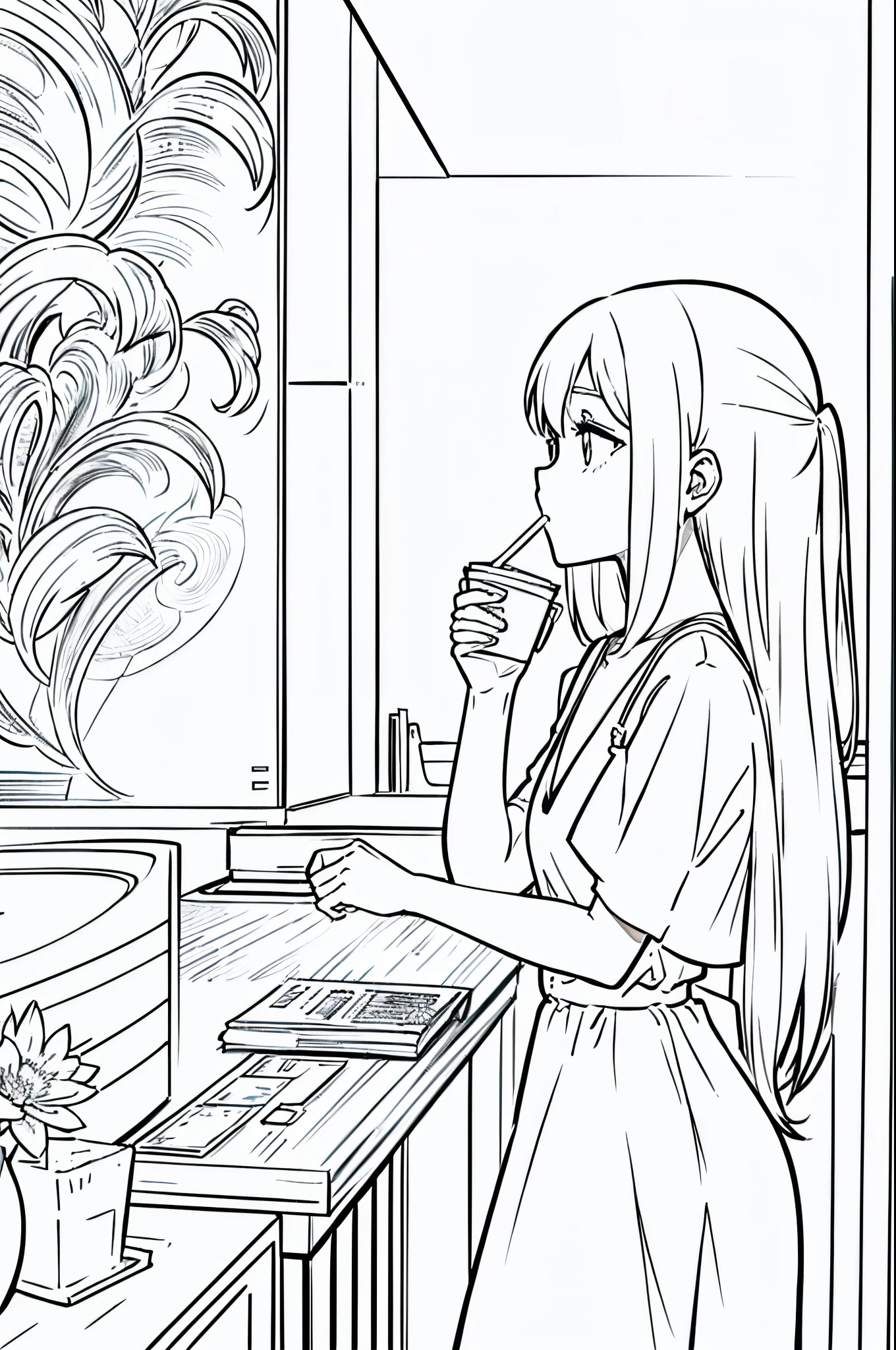 カフェでコーヒーを飲むアニメの女の子の塗り絵 - SeaArt AI