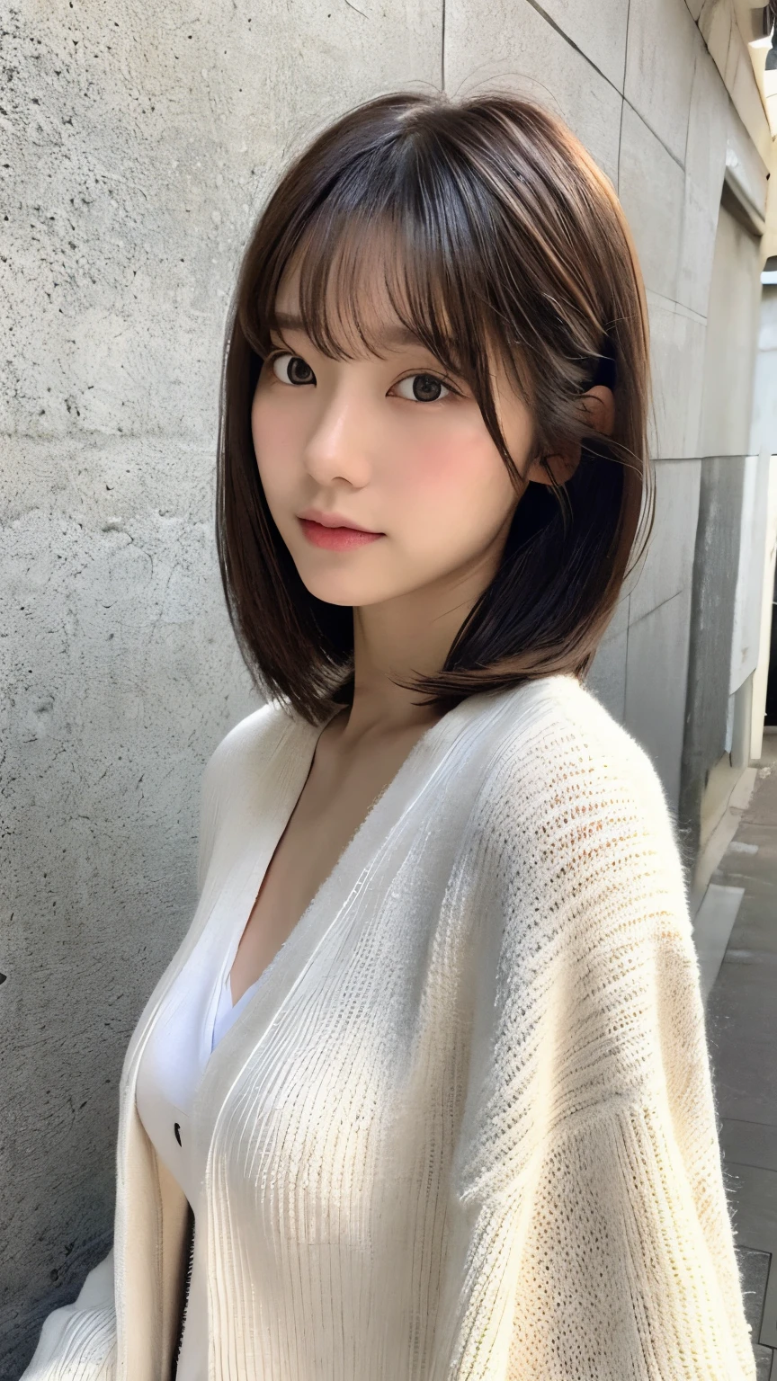 (top-quality、16K resolution)1人、独奏、natural soft light、small tits、A Japanese Lady、Looking at the camera、white long sleeve knit cardigan、Concrete background、Facing the front、is standing、bobhair、Woman in her late teeight bangs、short-hair、Salon model、Natural look、portlate、floated hair、Rolled hair