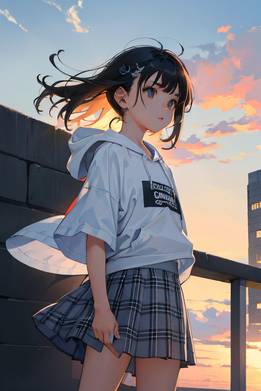 (:1.2),(masterpiece,Highest Quality),Short sleeve hoodie,Grey plaid skirt,A dark-haired,The wind is blowing,On the rooftop